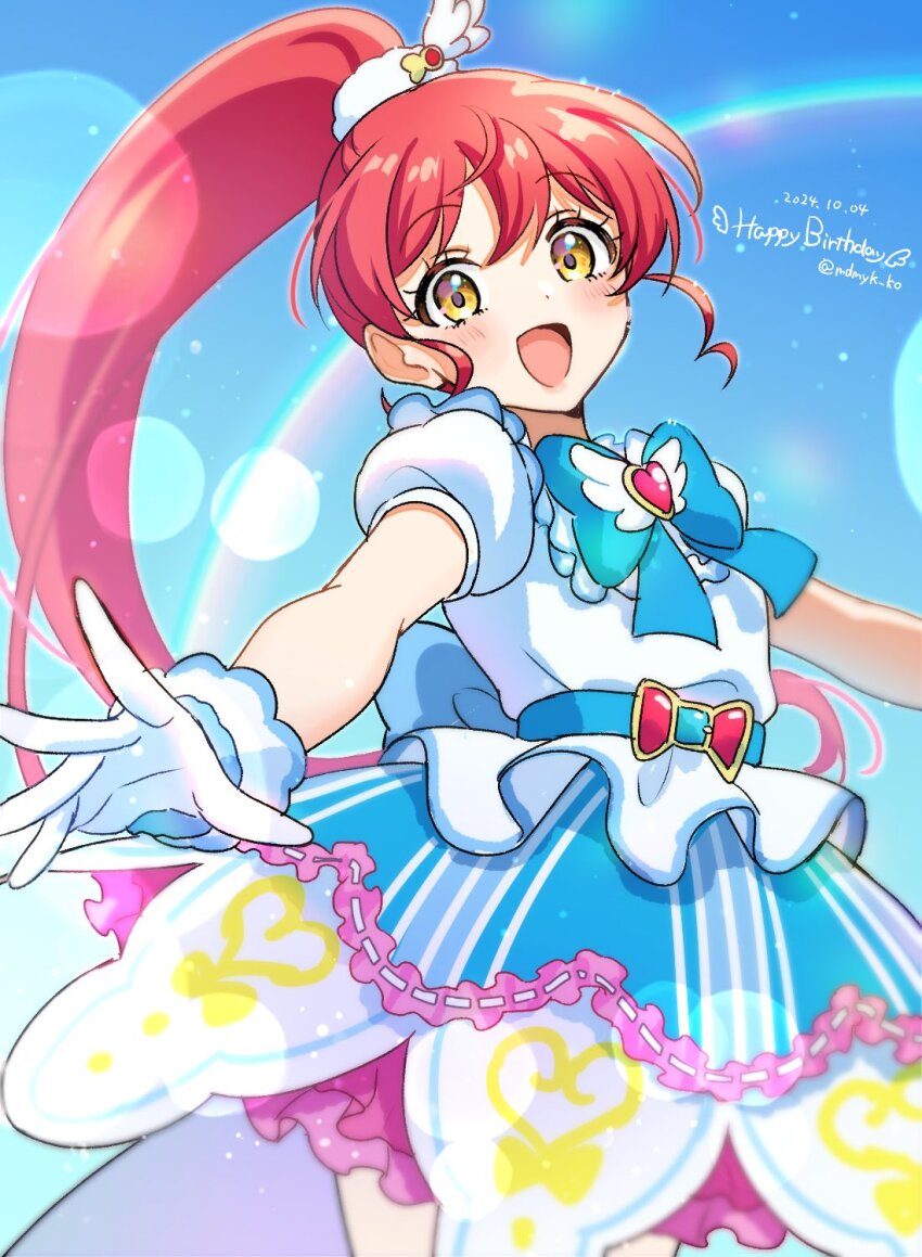 1girl :d a-pose blue_background blue_bow blue_dress blush bow brooch dated dot_nose dress english_text frilled_dress frills gem gloves hair_ornament happy happy_birthday heart heart_brooch high_ponytail highres idol jewelry looking_at_viewer mendamen open_mouth ponytail pretty_series pripara rainbow red_gemstone red_hair shiratama_mikan short_sleeves sidelocks smile solo striped_clothes striped_dress twitter_username two-tone_dress vertical-striped_clothes vertical-striped_dress white_dress white_gloves yellow_eyes