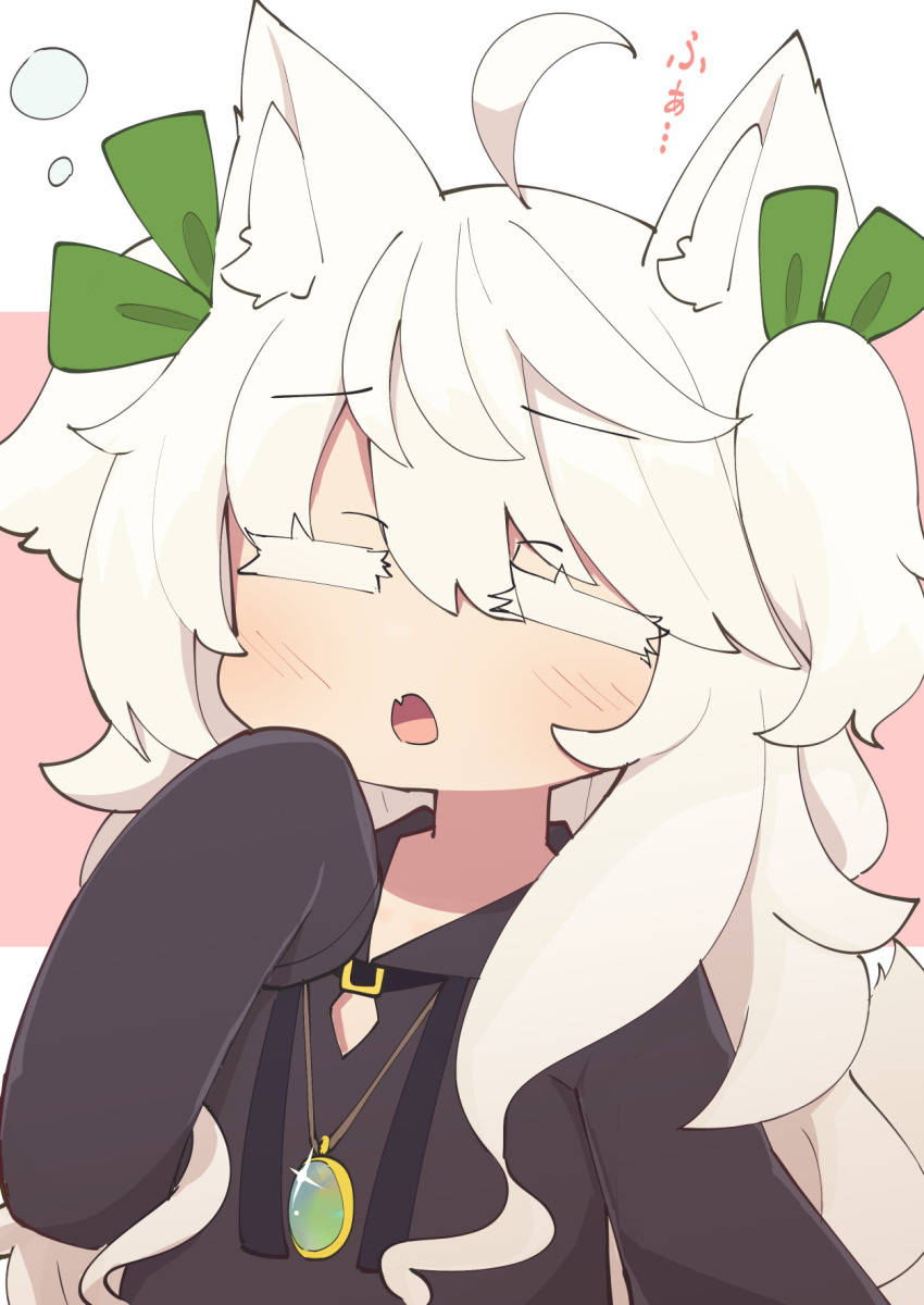 1girl :o ahoge animal_ear_fluff animal_ears black_hoodie blush closed_eyes colored_eyelashes commentary_request drawstring fang glint green_ribbon hair_ribbon hand_up highres hood hood_down hoodie jewelry long_hair long_sleeves open_mouth original pendant pink_background ribbon saisoku_no_yukkuri sleeves_past_fingers sleeves_past_wrists solo translation_request two-tone_background two_side_up very_long_hair white_background white_hair