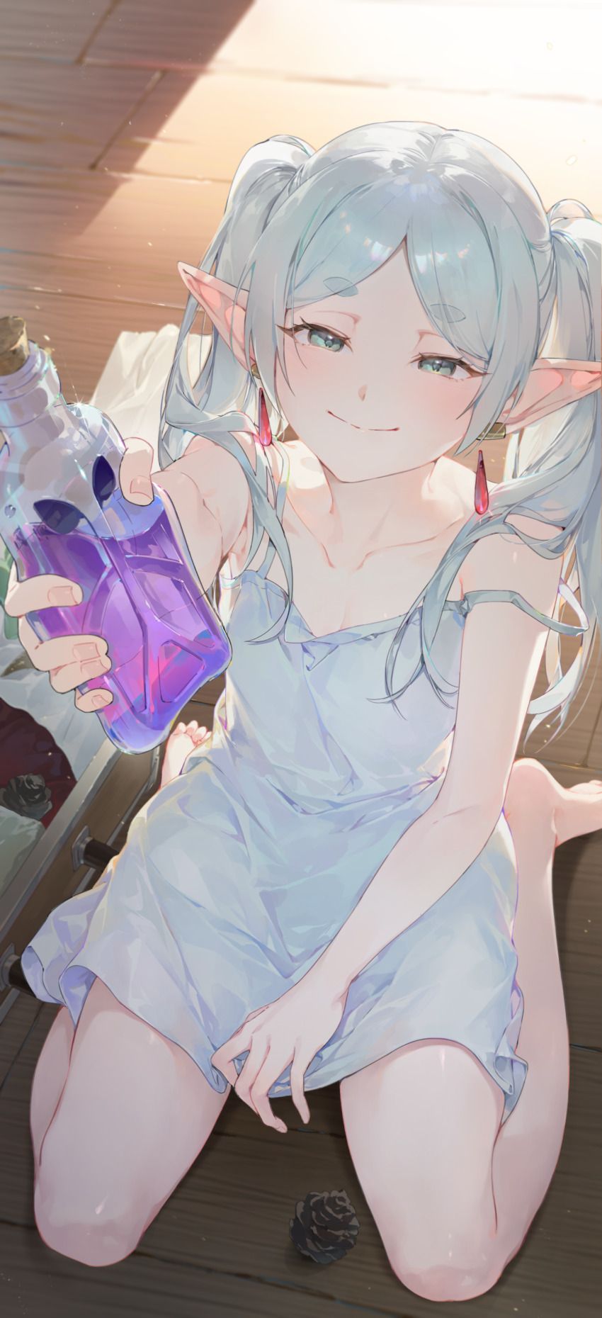 1girl absurdres bare_shoulders bottle camisole chap_sal_! earrings floating_earrings frieren green_eyes grey_hair highres looking_at_viewer pointy_ears ponytail smile solo sousou_no_frieren