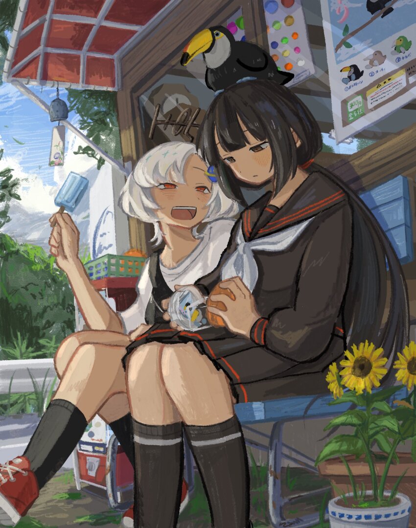 2girls amamoto_air animal animal_on_head awning bench bird bird_on_head black_eyes black_hair black_serafuku black_shirt black_skirt black_socks capsule commission flower food gashapon hair_ornament highres holding holding_food holding_popsicle long_hair looking_down low_ponytail multiple_girls neckerchief on_head open_mouth original outdoors plant pleated_skirt ponytail popsicle potted_plant red_eyes red_footwear school_uniform serafuku shirt sitting skeb_commission skirt socks sunflower t-shirt toucan white_hair white_neckerchief white_shirt wind_chime