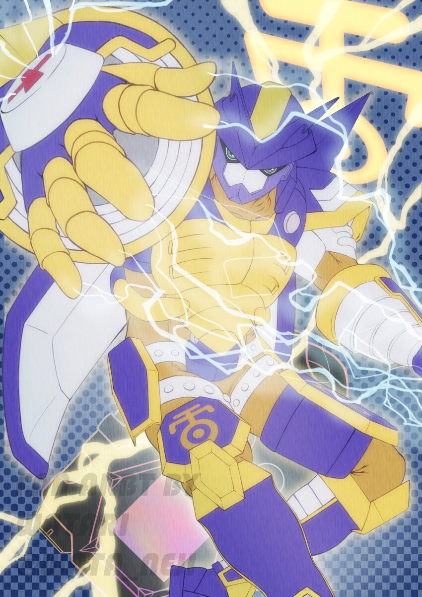 1boy absurdres armor blitzmon blue_armor blue_background blue_helmet cowboy_shot d-scanner digimon digimon_(creature) digimon_frontier electricity helmet highres male_focus solo wata_neji