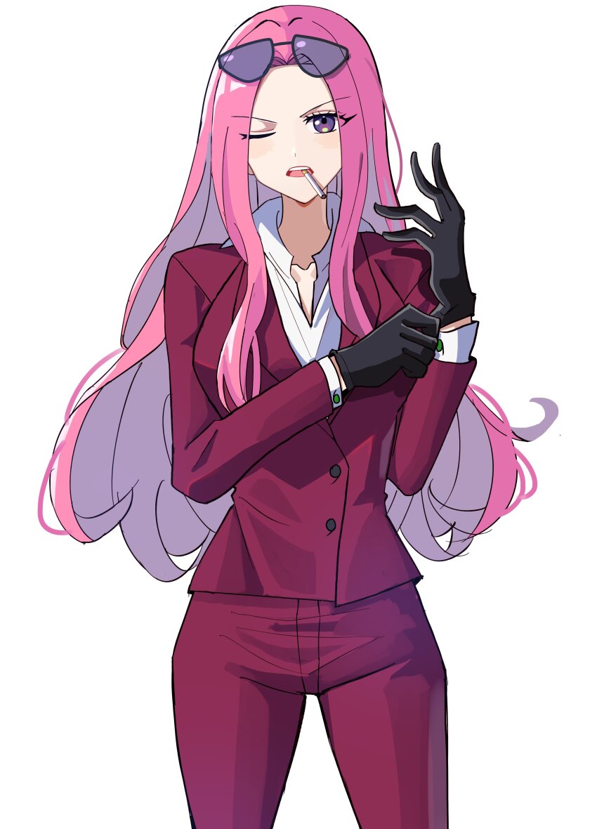 1girl absurdres adjusting_clothes adjusting_gloves black_gloves buttons cigarette collared_shirt commentary cowboy_shot eyewear_on_head formal_clothes gloves highres hina_(one_piece) kasuga_kaya korean_commentary long_hair long_sleeves looking_at_viewer one_eye_closed one_piece pink_hair purple_eyes shirt simple_background solo suit white_background white_shirt