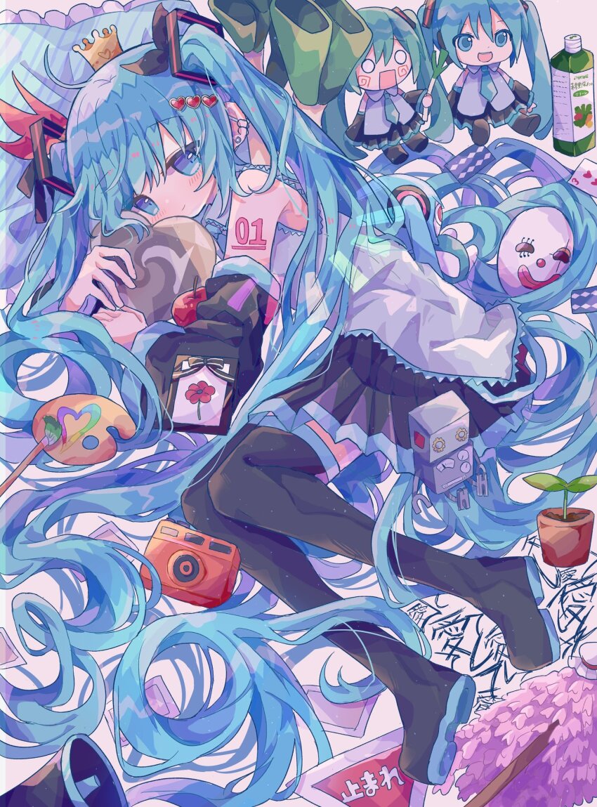 1girl 39_(vocaloid) aimaina aishite_aishite_aishite_(vocaloid) apple black_boots black_skirt black_sleeves blue_eyes blue_hair blue_necktie boots camera character_doll commentary_request crown detached_sleeves doll food fruit futaba969649 hachune_miku hatsune_miku heart hello_planet_(vocaloid) highres ievan_polkka_(vocaloid) kagerou_days_(vocaloid) karakuri_pierrot_(vocaloid) koi_wa_sensou_(vocaloid) long_hair melt_(vocaloid) mikudayo mini_crown miracle_paint_(vocaloid) necktie odds_&amp;_ends_(vocaloid) paint_palette paintbrush pleated_skirt poppippoo_(vocaloid) robot romeo_to_cinderella_(vocaloid) saihate_(vocaloid) senbon-zakura_(vocaloid) shirt skirt sleeveless sleeveless_shirt solo song_request songover thigh_boots twintails unknown_mother_goose_(vocaloid) vampire_(vocaloid) vegetable_juice very_long_hair vocaloid world_is_mine_(vocaloid)