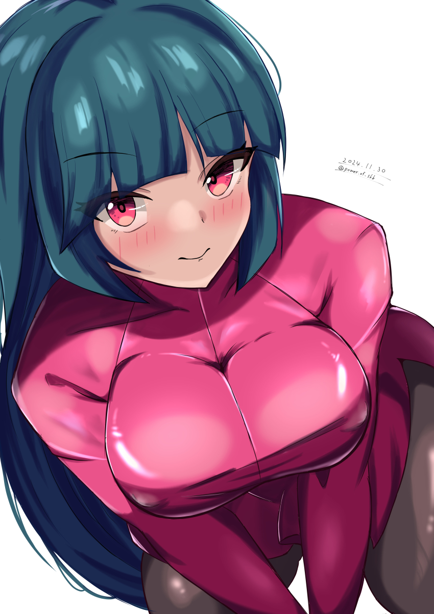 1girl absurdres artist_name bent_over black_bodysuit blue_hair blunt_bangs blush bodysuit bodysuit_under_clothes breast_focus breasts commentary_request covered_erect_nipples dark_blue_hair dated flipped_hair gluteal_fold highres hime_cut jacket large_breasts long_hair long_sleeves nintendo pencil_skirt pokemon pokemon_frlg power_of_skb red_eyes sabrina_(pokemon) side_slit skirt smile solo turtleneck turtleneck_jacket