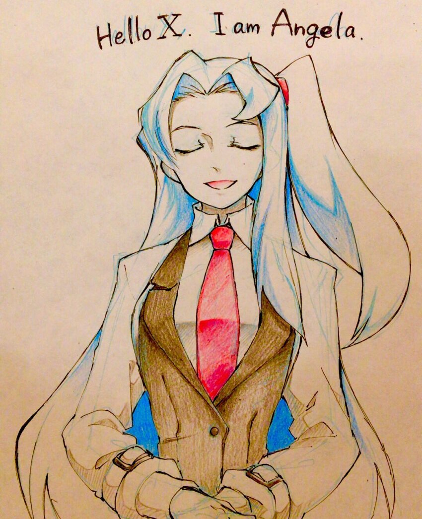 1girl angela_(project_moon) black_vest blue_hair closed_eyes collared_shirt commentary hair_intakes highres lapels lobotomy_corporation long_sleeves necktie notched_lapels open_mouth project_moon prototype_design red_necktie shirt simple_background single_sidelock smile solo traditional_media vest white_background white_shirt yatsumeunagi