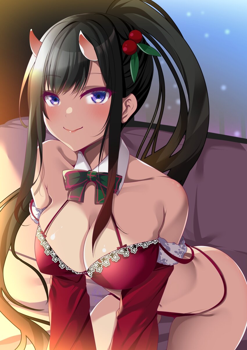 1girl absurdres azur_lane black_hair blue_eyes bra breasts christmas cleavage detached_collar detached_sleeves fur-trimmed_sleeves fur_trim hair_ornament highres holly_hair_ornament horns indoors lace lace-trimmed_bra lace_trim large_breasts lingerie long_hair looking_at_viewer oni_horns origami_aya panties ponytail red_panties red_sleeves ryuuhou_(azur_lane) sidelocks sitting snow underwear underwear_only white_trim window
