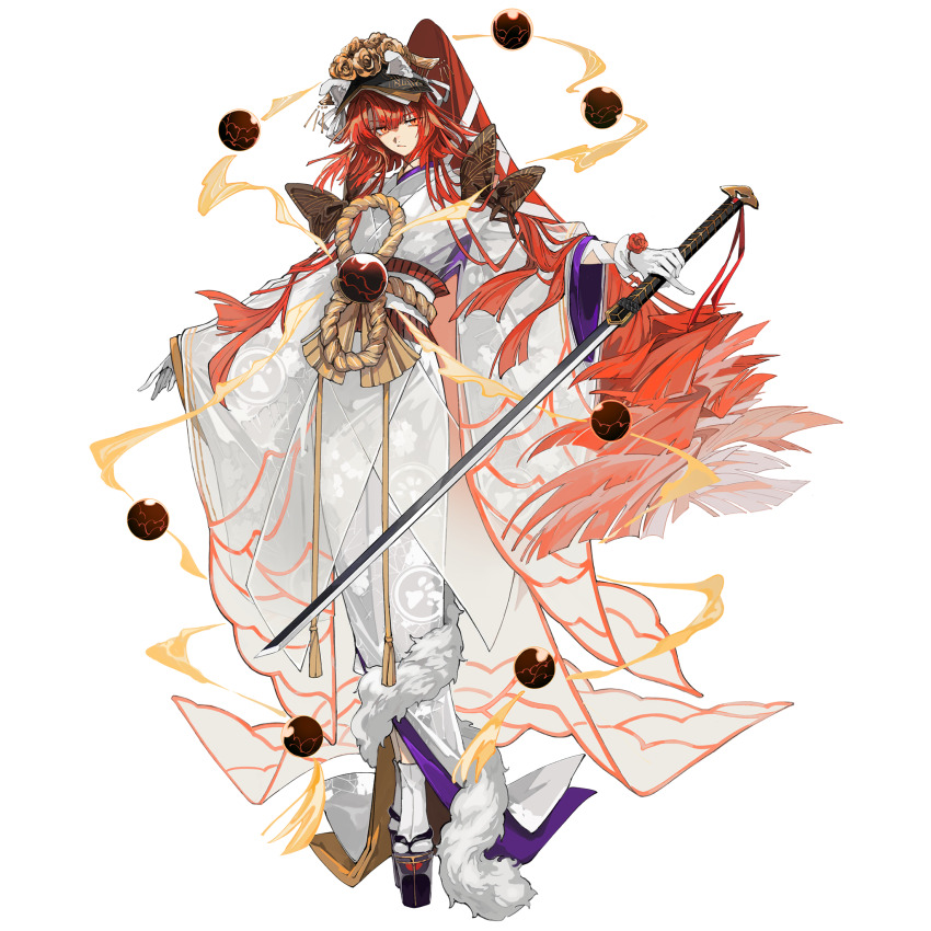 1girl bow endo_(takolegs) fate/grand_order fate_(series) flower full_body furisode_sleeves game_cg gloves hair_ornament highres holding holding_sword holding_weapon japanese_clothes katana kimono kyokutei_bakin_(fate) kyokutei_bakin_(third_ascension)_(fate) long_hair long_sleeves looking_at_viewer multicolored_hair obi official_art okobo orange_eyes orange_hair orb platform_clogs platform_sandals ponytail red_hair rope rope_belt rose sandals sash socks solo standing sword tabi tachi-e third-party_source transparent_background very_long_hair weapon white_gloves white_kimono white_socks wide_sleeves