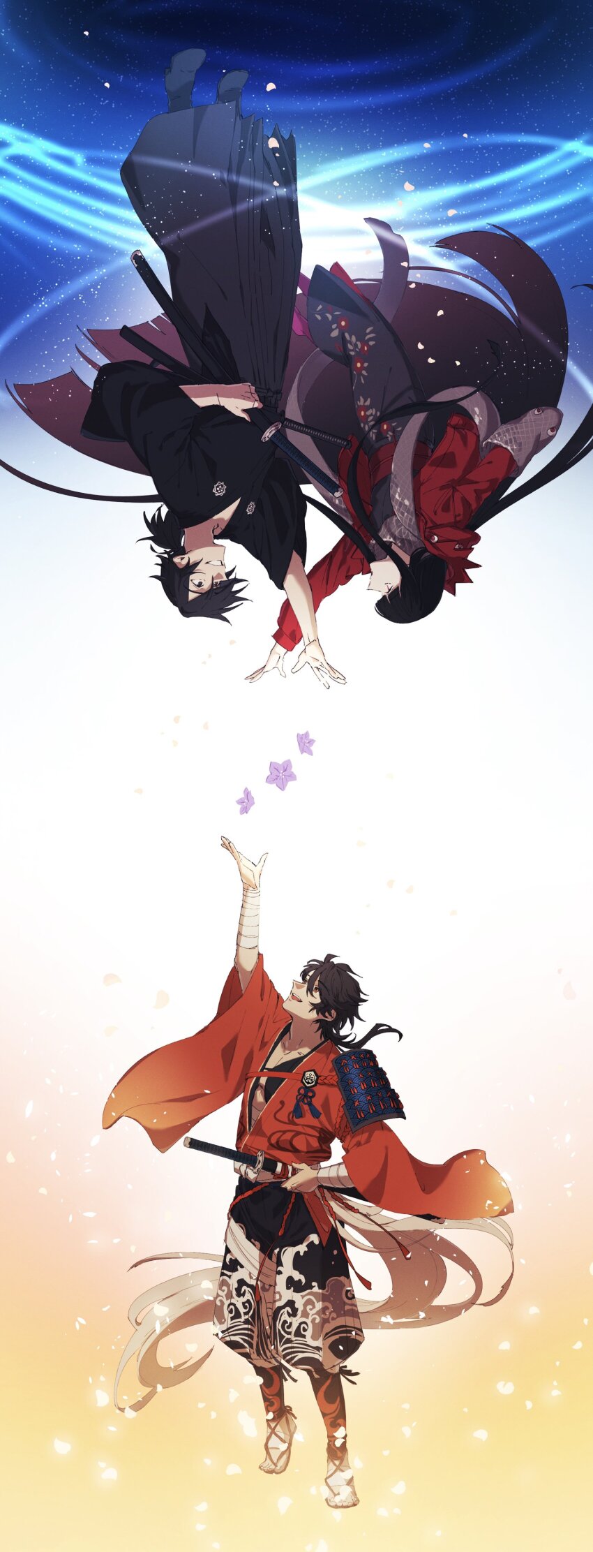 1girl 2boys :d :o absurdres arm_up armor bandaged_arm bandages bellflower black_footwear black_hakama black_kimono blunt_bangs boots brown_hair camellia_print chinese_bellflower crossover falling_petals fate/grand_order fate_(series) floral_print flower full_body grey_scarf hair_over_one_eye hakama hakama_pants hand_puppet highres holding holding_sword holding_weapon hood hood_down hooded_jacket igote jacket japanese_armor japanese_clothes katana kimono kote light_particles long_hair looking_at_another looking_up low_ponytail midriff_sarashi multiple_boys mutsu-no-kami_yoshiyuki obi open_clothes open_jacket open_mouth orange_eyes orange_kimono oryou_(fate) oryou_(lancer)_(fate) pants pantyhose petals pink_pantyhose ponytail puppet purple_flower red_eyes red_jacket sakamoto_clan_(emblem) sakamoto_ryouma_(fate) sakamoto_ryouma_(lancer)_(fate) sarashi sash scale_print scarf sheath sheathed smile sword symmetry teeth tkc_(tkoshinchan) touken_ranbu upper_teeth_only upside-down very_long_hair waraji wave_print weapon white_background
