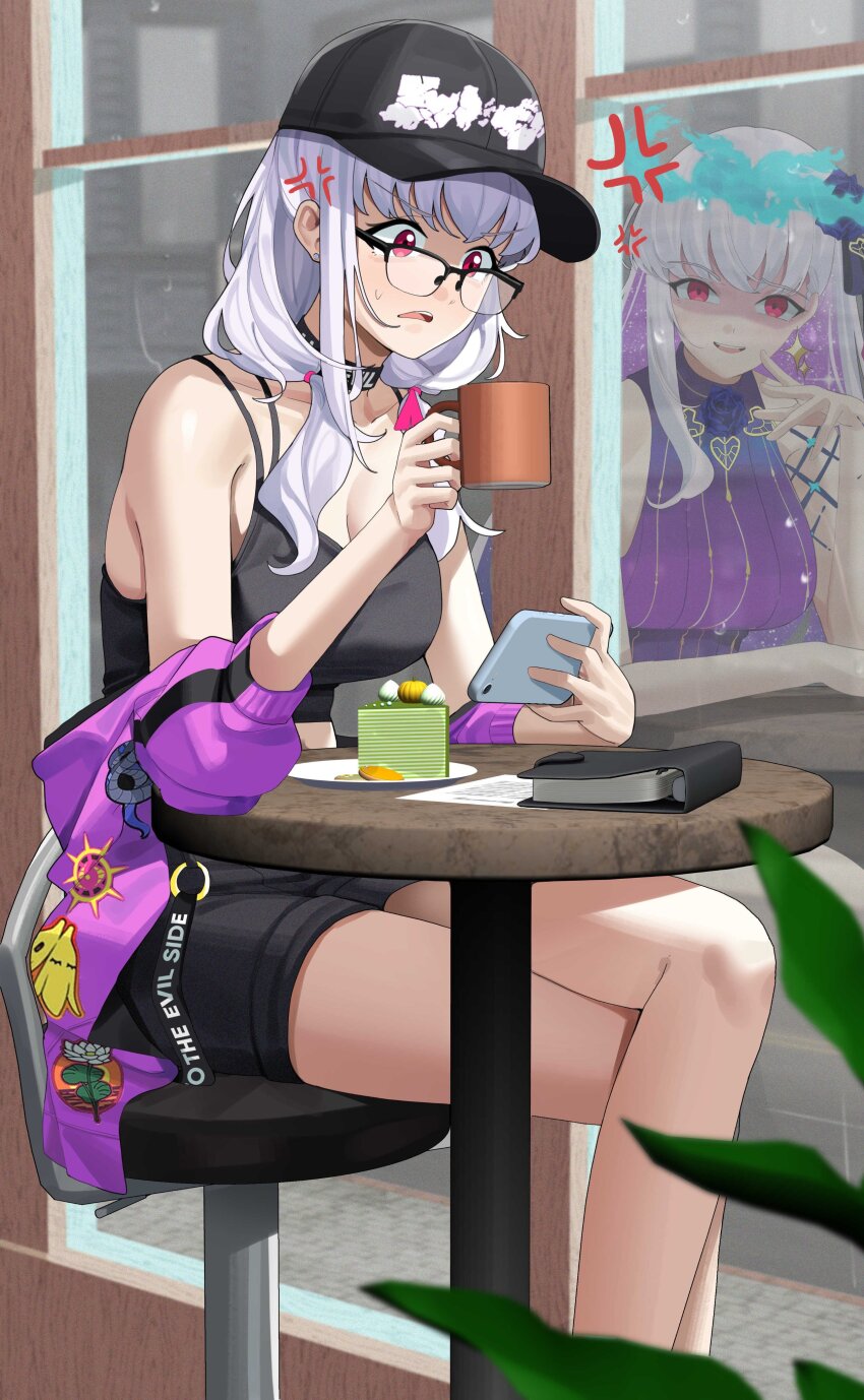 1girl absurdres anger_vein bare_shoulders baseball_cap black-framed_eyewear black_hat black_shirt black_shorts blue_fire breasts cake cake_slice cellphone collarbone colored_inner_hair commentary crossed_legs cup different_reflection fate/grand_order fate_(series) fire food glasses haerge hat highres holding holding_cup holding_phone indoors jacket kama_(fate) kama_(swimsuit_avenger)_(third_ascension)_(fate) kama_(tour_outfit)_(fate) long_hair looking_at_viewer low_twintails medium_breasts mug multicolored_hair off_shoulder official_alternate_costume phone purple_hair purple_jacket red_eyes reflection shaded_face shirt shorts sitting sleeveless sleeveless_shirt sweatdrop twintails two-tone_hair very_long_hair white_hair window