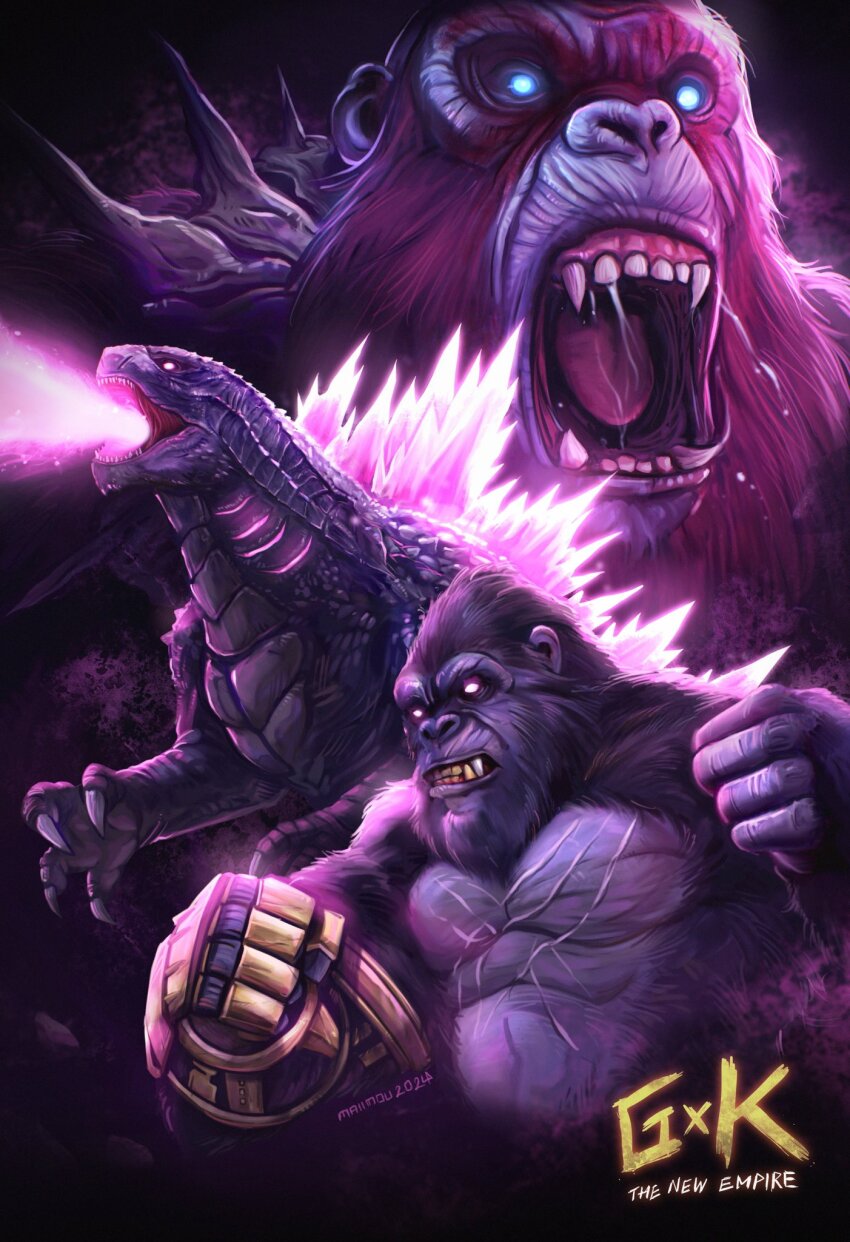 ape artist_name atomic_breath b.e.a.s.t._glove blue_eyes bone_weapon bone_whip breath_weapon claws clenched_hands crossover dinosaur electroshock_weapon energy energy_beam english_text facepaint fangs gauntlets giant giant_monster gills glowing glowing_eyes glowing_gills glowing_spikes godzilla godzilla_(monsterverse) godzilla_(series) godzilla_evolved godzilla_x_kong:_the_new_empire gorilla highres kaiju king_kong king_kong_(series) legendary_pictures maiimou monster monsterverse mouth_beam movie_poster neon_trim no_humans no_pupils official_art open_mouth orangutan pectorals pink_eyes plasma plasma_beam ribs roaring saliva saliva_trail scar scar_across_eye scar_on_chest scar_on_face scar_on_stomach sharp_teeth signature skar_king spikes spine teeth toho tongue war_paint weapon whip whip_sword whipslash