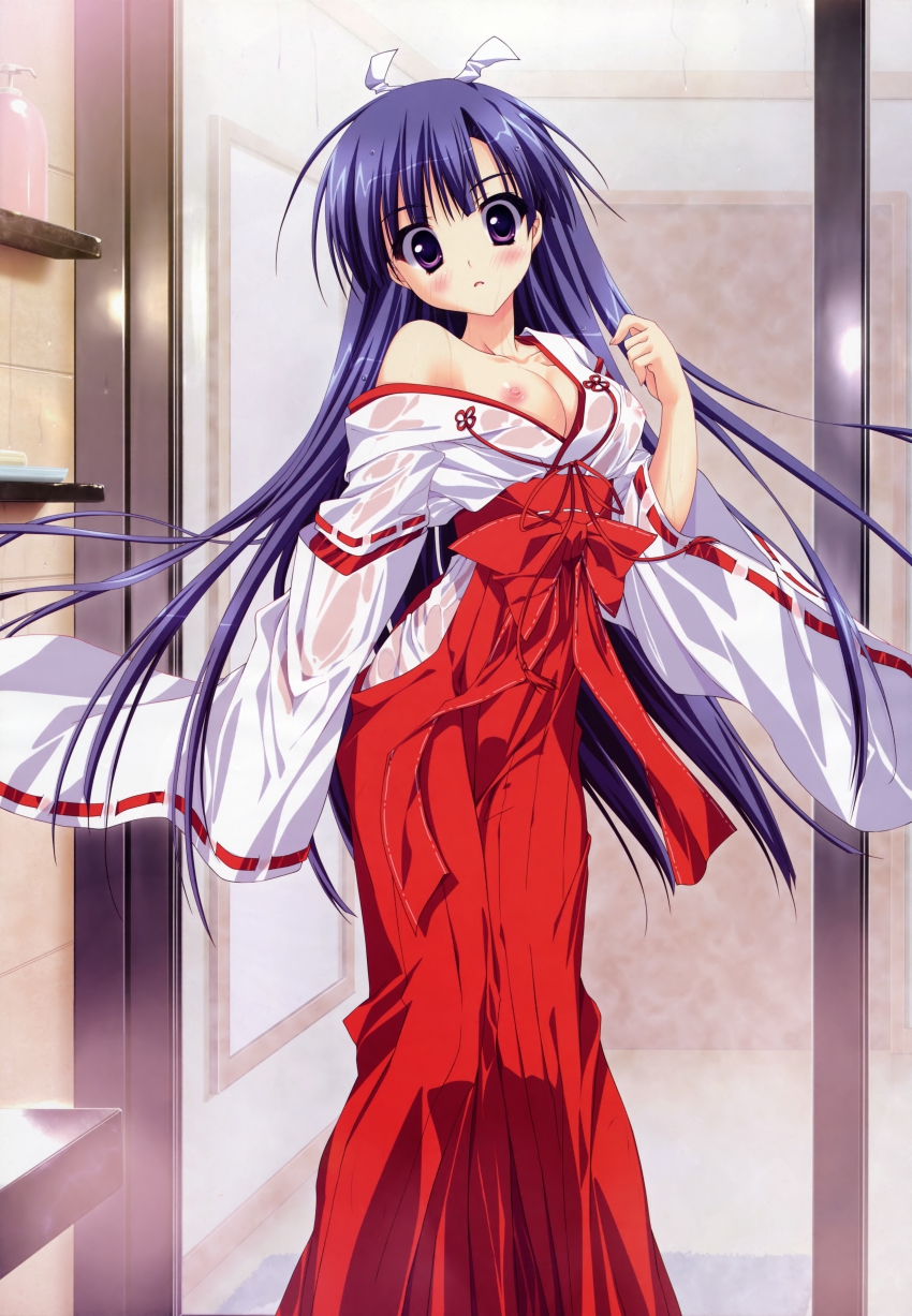0_0 10s 1girl absurdres bare_shoulders bathroom blush breasts collarbone covered_erect_nipples doormat female_focus hakama hakama_skirt haori highres hoshizora_e_kakaru_hashi indoors japanese_clothes kimono koumoto_madoka large_breasts lens_flare looking_at_viewer miko mirror nipples no_bra open_clothes open_kimono purple_eyes purple_hair red_hakama ryouka_(suzuya) see-through_clothes shampoo skirt sliding_doors soap solo standing steam surprised tiles wet wet_clothes