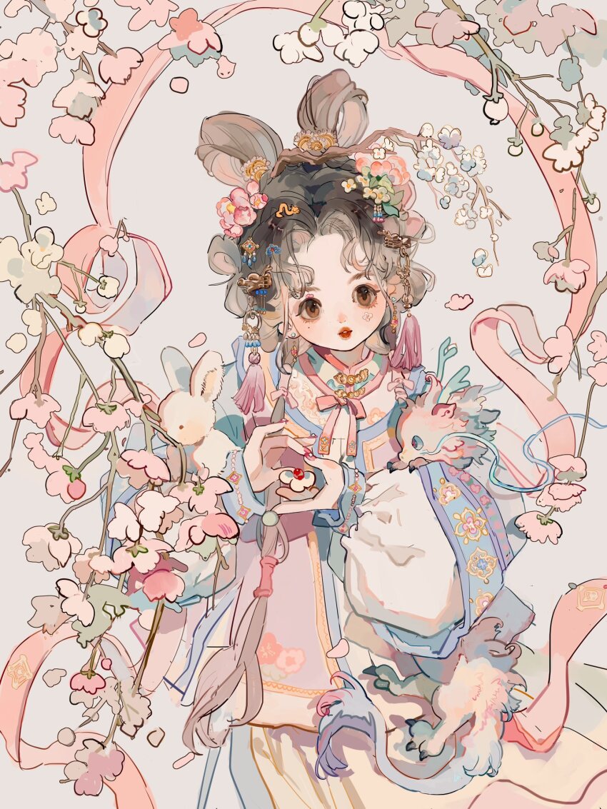 1girl aoqun black_hair brown_eyes cherry_blossoms chinese_clothes dragon dragon_hair_ornament earrings eastern_dragon flower hagoromo hair_branch hair_flower hair_ornament hair_rings hanfu highres jewelry long_sleeves looking_at_viewer metal_pankou mole mole_under_eye original pastel_colors putong_xiao_gou rabbit red_lips shawl skirt solo tassel tassel_hair_ornament white_rabbit_(animal) yellow_skirt