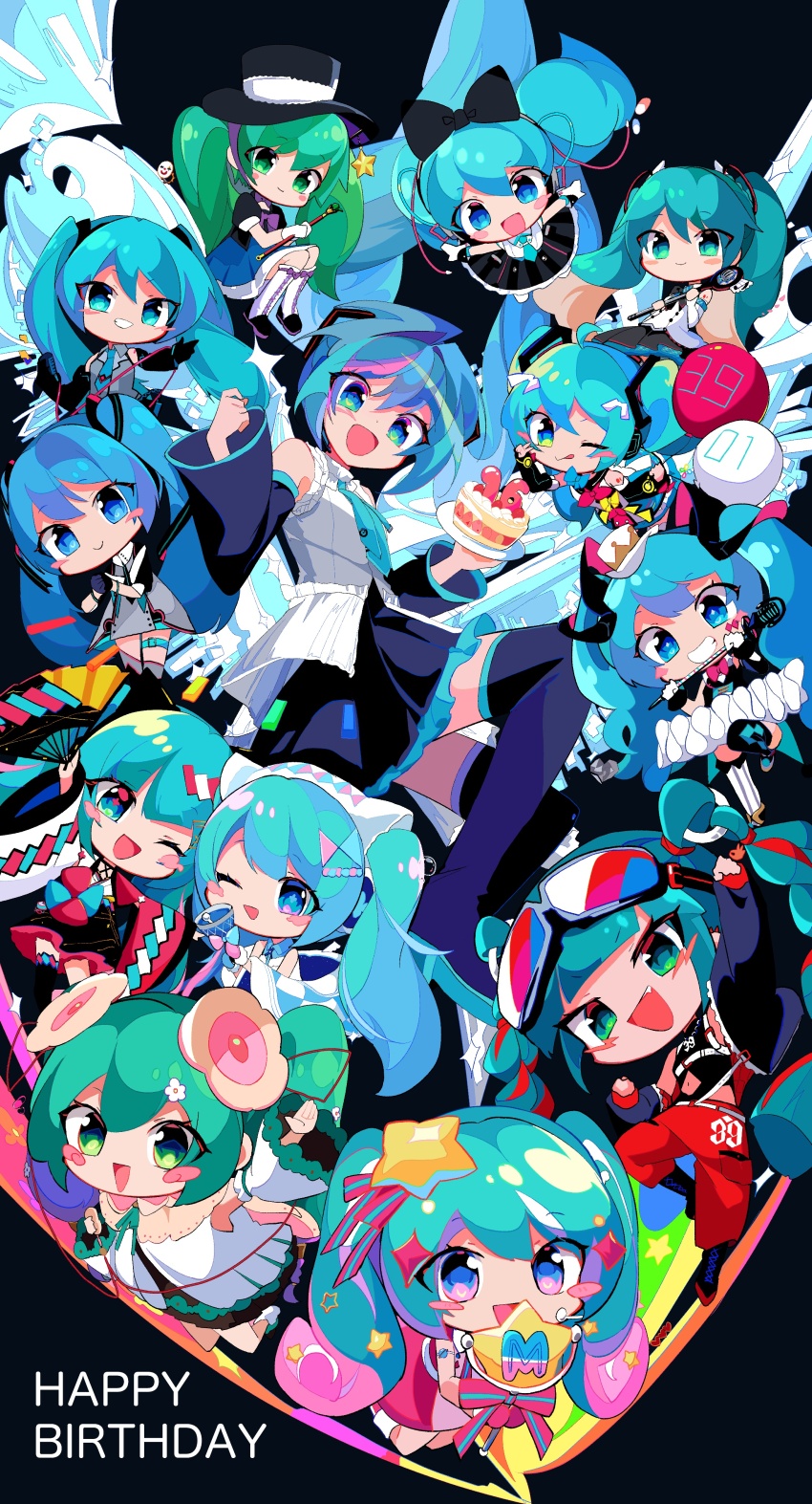 39 6+girls :&gt; :d :q ;d absurdres ahoge aqua_eyes aqua_hair arm_up asymmetrical_legwear balloon bare_shoulders bell belt black_background black_bow black_footwear black_headwear black_jacket black_skirt black_sleeves black_thighhighs blue_eyes blue_hair blue_necktie blush_stickers boots bow bowtie buttons cake chibi clown_mask detached_sleeves double-breasted dress everyone fang flower folding_fan food frilled_skirt frills full_body gloves goggles goggles_on_head green_eyes green_hair grin hair_between_eyes hair_bow hair_flower hair_ornament hand_fan happy_birthday hat hat_ornament hatsune_miku hatsune_miku_happy_16th_birthday_-dear_creators- highres holding holding_bell holding_fan holding_microphone holding_plate holding_wand jacket japanese_clothes jewelry kasaki_sakura kimono lace-up_boots legs_together long_hair long_sleeves looking_at_viewer magical_mirai_(vocaloid) magical_mirai_miku magical_mirai_miku_(2013) magical_mirai_miku_(2014) magical_mirai_miku_(2015) magical_mirai_miku_(2016) magical_mirai_miku_(2017) magical_mirai_miku_(2018) magical_mirai_miku_(2019) magical_mirai_miku_(2020_summer) magical_mirai_miku_(2020_winter) magical_mirai_miku_(2021) magical_mirai_miku_(2022) magical_mirai_miku_(2023) magician mask microphone microphone_wand mini_hat mini_top_hat multicolored_eyes multicolored_hair multiple_girls navel necklace necktie off_shoulder one_eye_closed open_mouth pill pink_bow pink_dress pink_eyes pink_hair plate puffy_short_sleeves puffy_sleeves red_hair shirt short_sleeves simple_background skirt sleeveless sleeveless_dress sleeveless_shirt smile star_(symbol) star_hair_ornament star_hat_ornament striped_clothes striped_thighhighs thigh_boots thighhighs tongue tongue_out top_hat twintails two-tone_hair v v_over_eye vertical-striped_clothes vertical-striped_thighhighs very_long_hair vocaloid wand white_belt white_bow white_flower white_headwear white_shirt wide_sleeves yellow_bow