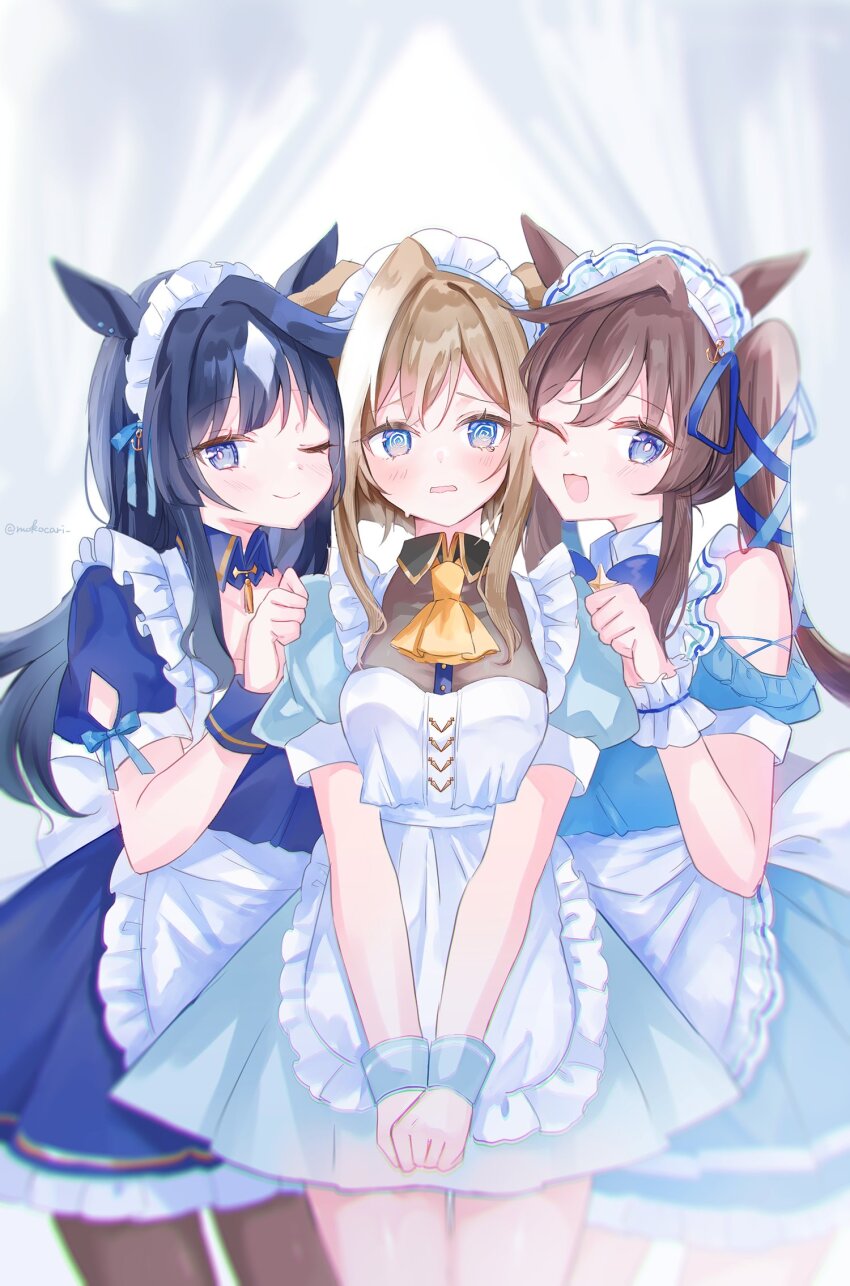 3girls ;) ;d @_@ alternate_costume animal_ears apron ascot bare_shoulders black_pantyhose blue_dress blue_eyes blue_hair blue_ribbon brown_hair cheval_grand_(umamusume) commentary_request dark_blue_hair detached_sleeves dress enmaided frilled_apron frills hair_between_eyes hair_ribbon highres horse_ears horse_girl long_hair looking_at_viewer maid maid_apron maid_headdress moko_(mokochisa) multicolored_hair multiple_girls one_eye_closed open_mouth pantyhose puffy_short_sleeves puffy_sleeves ribbon short_sleeves siblings sisters smile streaked_hair umamusume v_sisters verxina_(umamusume) vivlos_(umamusume) waist_apron white_apron white_hair yellow_ascot
