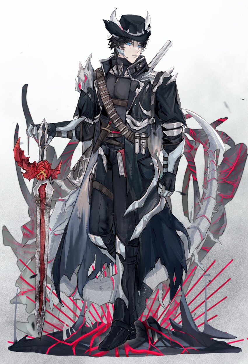 1boy adapted_costume armored_boots armored_gloves bandolier belt black_coat black_hair black_jacket black_pants black_shirt blue_eyes blue_horns bone bone_armor book boots bullet coat cowboy_hat dragon_boy dragon_horns dragon_tail full_body glowing glowing_eyes goth_fashion hat highres holding_behind_back holding_weapon_behind_back horns horns_through_headwear jacket kamen_rider kamen_rider_saber kamen_rider_saber_(series) kamen_rider_saber_primitive_dragon_brave_dragon kamiyama_touma leg_up male_focus meowq pants planted planted_sword planted_weapon potion shirt sword tail torn_clothes weapon weapon_on_back