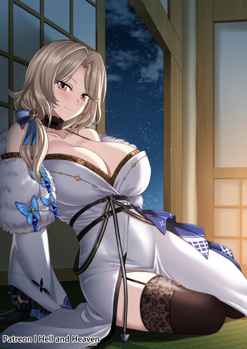 1girl belt black_belt black_choker black_garter_straps black_gloves black_thighhighs blue_ribbon breasts butterfly_ornament choker closed_mouth cloud frilled_choker frills garter_straps gloves goddess_of_victory:_nikke hellandheaven highres japanese_clothes kimono large_breasts ludmilla_(nikke) ludmilla_(winter_owner)_(nikke) night night_sky red_eyes ribbon shadow shouji sky sliding_doors smile solo tatami thighhighs white_kimono