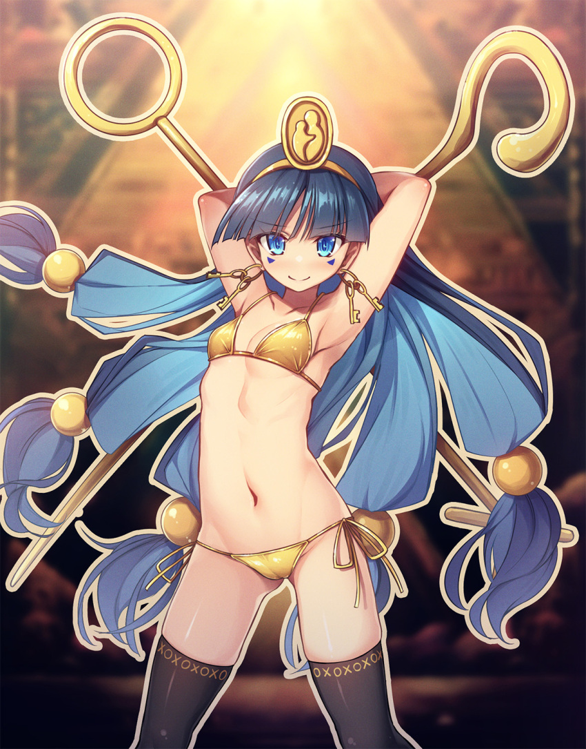 1girl ai-generated_background arms_behind_head arms_up bikini black_thighhighs blue_eyes blue_hair blunt_bangs breasts chima_q closed_mouth cowboy_shot earrings facial_mark facial_tattoo flat_chest gold gold_bikini gold_buckle hair_bobbles hair_ornament headpiece highres holding holding_scepter jewelry key key_earrings light_blush long_hair looking_at_viewer low-tied_long_hair michigami_nareko no_nose outline pocket pyramid_(structure) scepter skindentation small_breasts smile solo sphere_hair_ornament standing swimsuit tattoo thighhighs touhou triangle triangle_facial_mark
