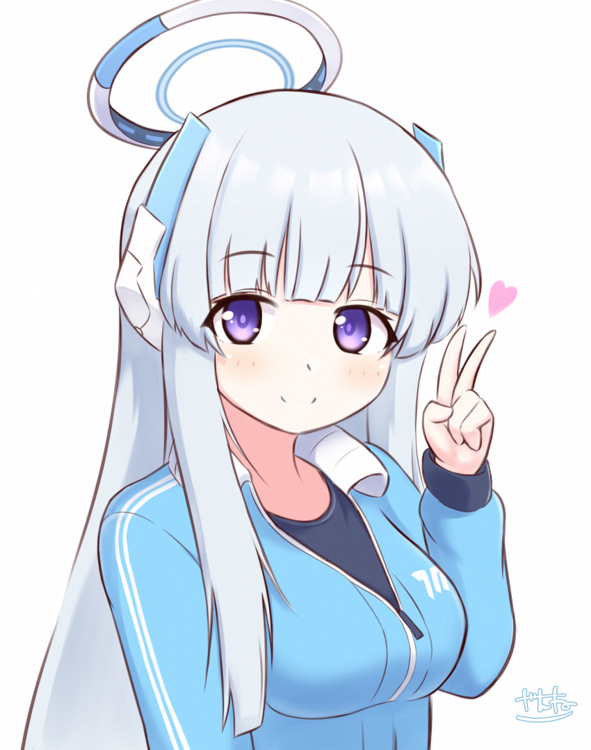 1girl black_shirt blue_archive blue_jacket breasts grey_hair halo highres jacket long_hair looking_at_viewer mechanical_halo medium_breasts noa_(blue_archive) purple_eyes shirt simple_background smile solo upper_body v white_background white_halo zanne