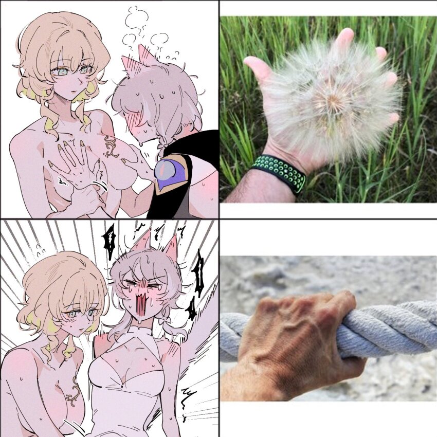 2girls aglaea_(honkai:_star_rail) animal_ears blonde_hair blush breasts cat_ears cat_girl cipher_(honkai:_star_rail) closed_eyes commentary d0600059994959 dandelion flower flying_sweatdrops grabbing_another&#039;s_breast green_eyes grey_hair groping highres honkai:_star_rail honkai_(series) implied_futanari medium_hair multiple_girls photo_inset rope shouting symbol-only_commentary topless_female