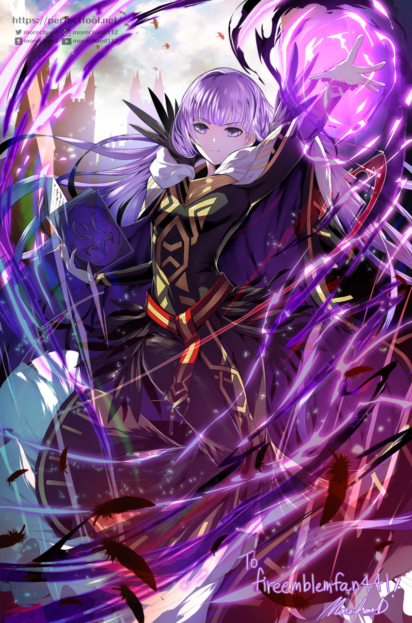 1girl absurdly_long_hair arm_up black_dress black_feathers book castle commission dress fantasy feathers fire fire_emblem fire_emblem:_the_binding_blade fire_emblem_heroes highres holding holding_book long_hair long_sleeves moreshan nintendo official_alternate_costume pixiv_commission purple_eyes purple_fire purple_hair serious signature skeb_commission solo sophia_(fire_emblem) tumblr_username twitter_username very_long_hair