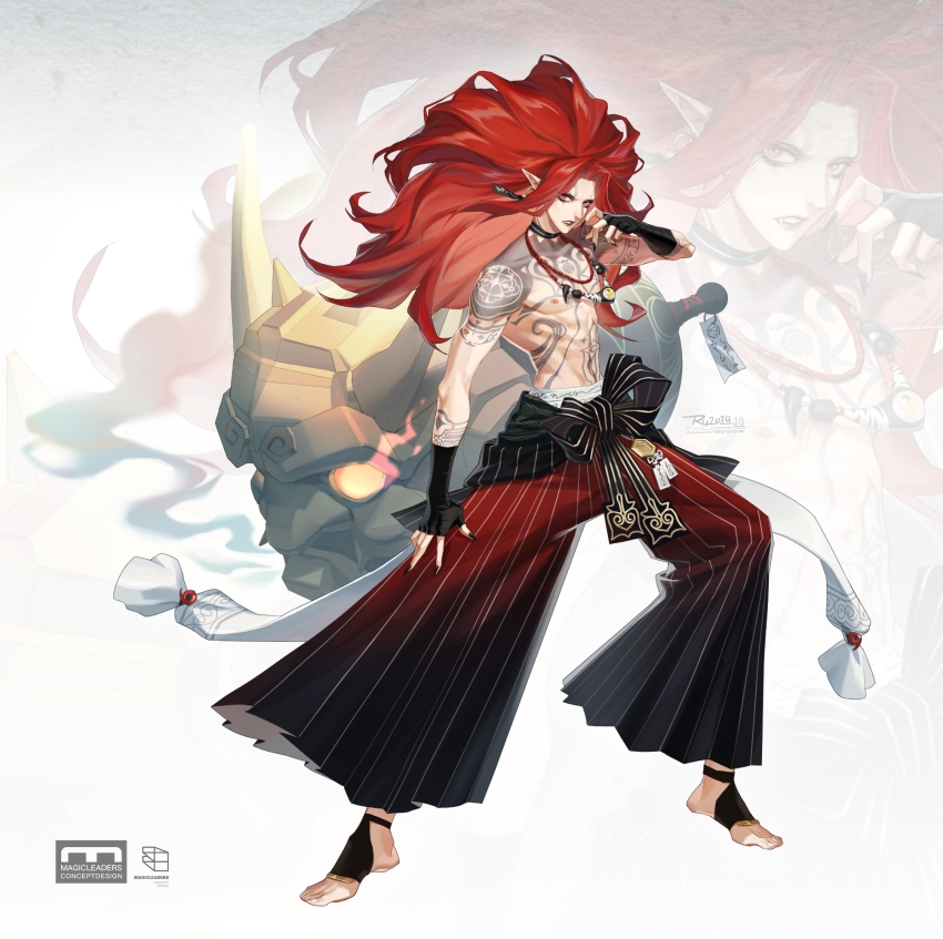 1boy abs arm_tattoo artist_name bare_pectorals barefoot black_gloves chest_tattoo choker earrings fingerless_gloves fingernails full_body gloves highres jewelry long_hair looking_at_viewer male_focus muscular navel necklace onmyoji pants parted_lips pectorals pointy_ears red_eyes red_hair ru_(famia) shuten_douji_(onmyoji) simple_background solo standing tattoo toenails topless_male very_long_hair white_background zoom_layer