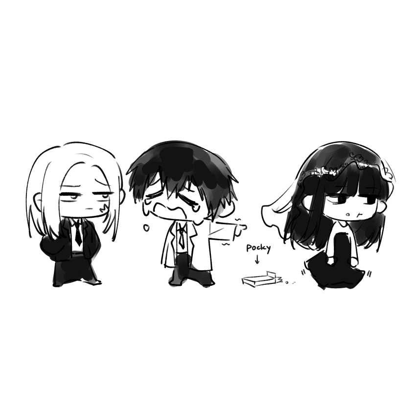 1girl 2boys 5a1_uei black_dress black_eyes black_hair blunt_bangs chibi chibi_only closed_eyes closed_mouth crying dress food full_body hair_between_eyes highres jacket long_hair looking_at_another looking_to_the_side monochrome multiple_boys nagumo_(sakamoto_days) necktie open_mouth osaragi_(sakamoto_days) pants pocky raised_eyebrow sakamoto_days shirt shishiba_(sakamoto_days) short_hair sidelocks simple_background standing streaming_tears tears veil white_background