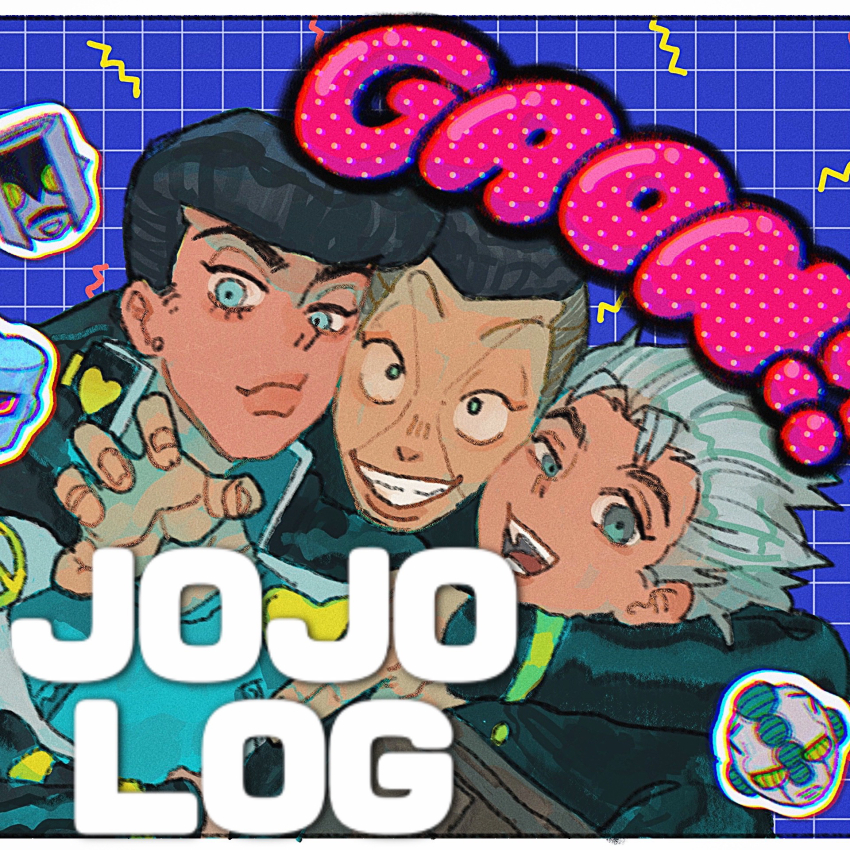 3boys 3others aqua_eyes aqua_shirt arm_on_another&#039;s_shoulder black_border black_hair black_jacket blue_background border character_sticker crazy_diamond cropped diamond_wa_kudakenai echoes_(stand) gakuran green_eyes grey_hair grid_background grin hair_slicked_back half-closed_eye halftone heart higashikata_josuke highres jacket jojo_no_kimyou_na_bouken looking_at_viewer male_focus multicolored_hair multiple_boys multiple_others nijimura_okuyasu peace_symbol pompadour school_uniform shirt sleeves_past_wrists smile sticker t_0nd the_hand_(stand) two-tone_hair white_border white_hair