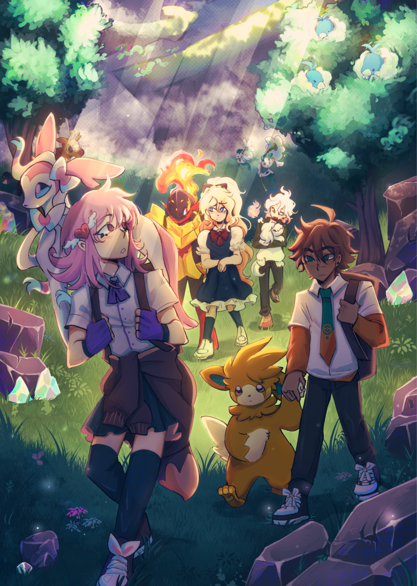 2boys 2girls adapted_costume ahoge alternate_costume area_zero armarouge armor backpack bag black_pants black_ribbon black_shoes blonde_hair blue_eyes bow brown_hair brown_shoes buttons closed_mouth clothes_around_waist collared_shirt commentary crossover crystal danganronpa_(series) danganronpa_2:_goodbye_despair dreepy dress english_commentary eyelashes fingerless_gloves fire floating floette floette_(white_flower) flower gen_2_pokemon gen_3_pokemon gen_6_pokemon gen_8_pokemon girafarig gloves grass greavard green_dress green_eyes green_skirt hair_ornament hair_ribbon heart heart_hair_ornament highres hinata_hajime holding holding_flower holding_pokemon holding_strap in_tree kneehighs komaeda_nagito long_hair long_sleeves medium_hair multiple_boys multiple_girls nanami_chiaki neckerchief necktie nintendo on_shoulder open_mouth outdoors pants pawmot pink_eyes pink_hair poke_ball_print pokemon pokemon_(creature) pokemon_on_shoulder pokemon_sv purple_gloves purple_neckerchief red_bow ribbon rock shirt shoelaces shoes short_sleeves skirt smile socks sonia_nevermind sunlight swablu sweater sweater_around_waist sylveon thighhighs tree two-tone_necktie vhsghostricks white_flower white_hair white_shirt
