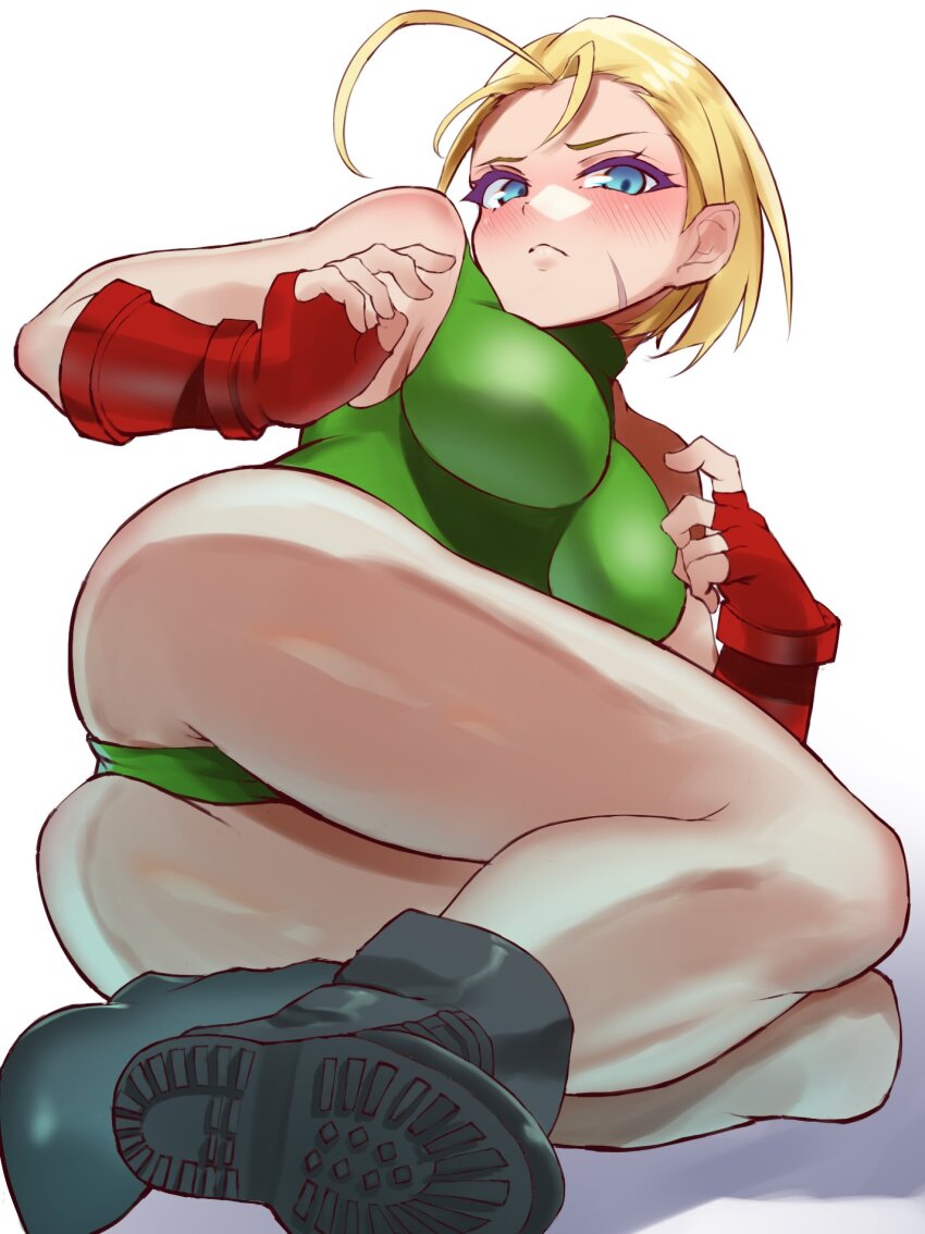 ass bare_shoulders blonde_hair blue_eyes blush boots breasts cammy_white fingerless_gloves gloves highres large_breasts leotard sato_one1 short_hair sleeveless street_fighter street_fighter_6