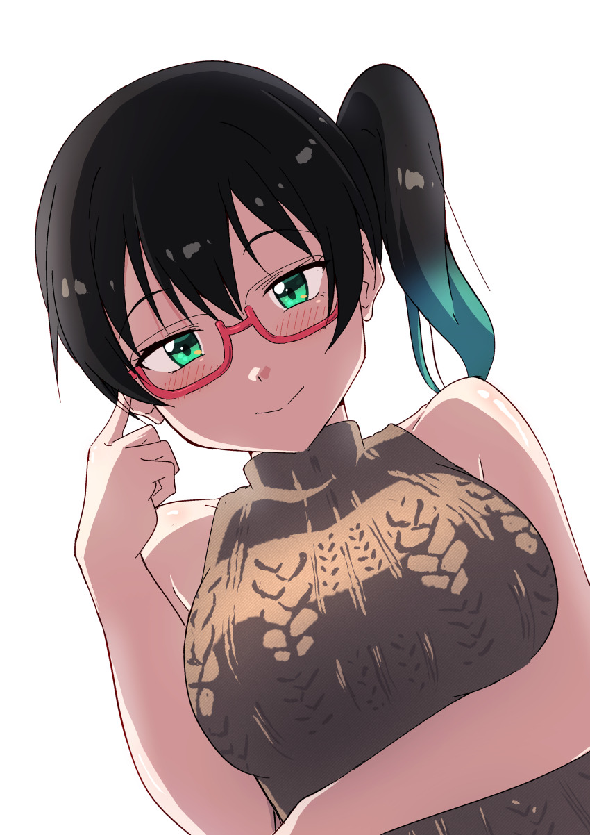 1girl absurdres alternate_hairstyle aran_sweater bare_arms bare_shoulders blush breasts cable_knit glasses green_eyes highres looking_at_viewer love_live! love_live!_nijigasaki_high_school_idol_club medium_breasts medium_hair multicolored_hair side_ponytail smile sweater takasaki_yu two-tone_hair white_background zasshoku_ojisan