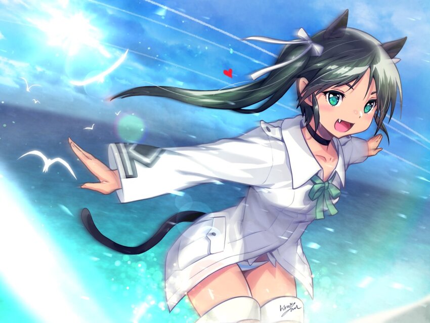 1girl animal_ears bird black_hair blue_sky bow cat_ears cat_girl cat_tail collar francesca_lucchini green_bow green_eyes heart hirosegawa_narumi jacket long_hair looking_at_viewer military_uniform no_pants ocean open_mouth outdoors panties ribbon sky solo standing strike_witches striker_unit striped_clothes striped_panties sun tail twintails underwear white_jacket white_ribbon world_witches_series
