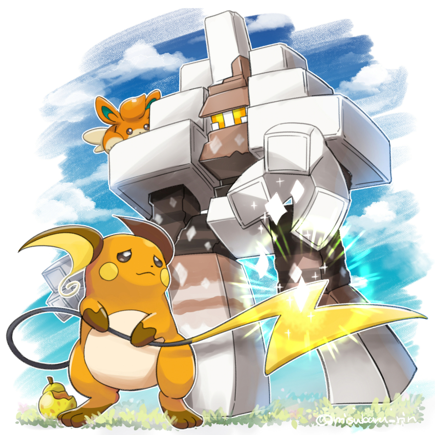 absurdres berry_(pokemon) bright_pupils brown_eyes closed_mouth cloud commentary day garganacl gen_1_pokemon glowing half-closed_eyes highres misubaru_rin nintendo no_humans outdoors pawmi pokemon pokemon_(creature) raichu sitrus_berry sky standing white_pupils