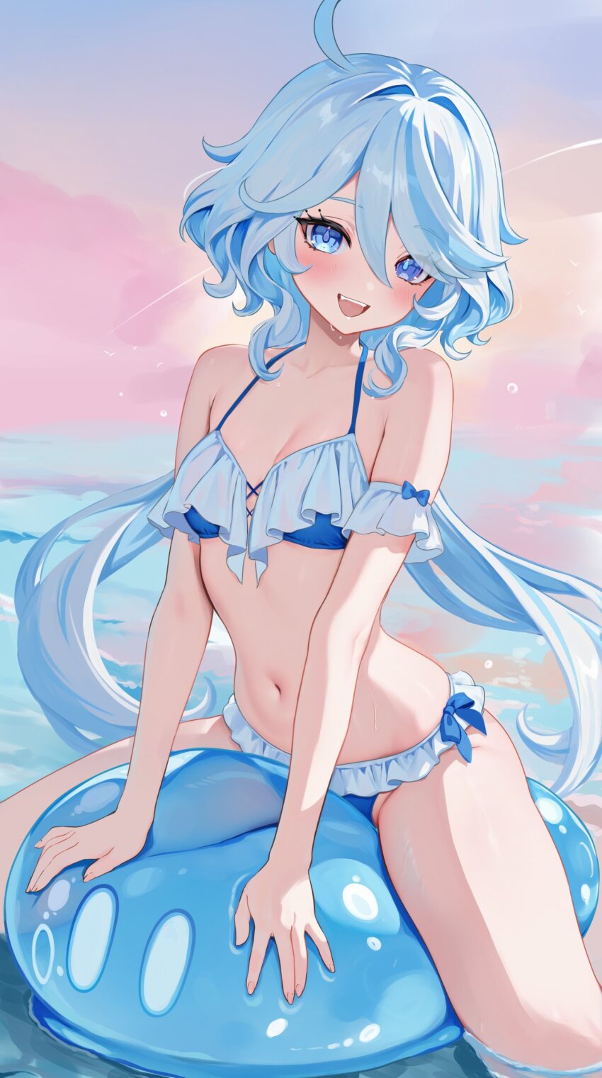 1girl alternate_costume bikini blue_bikini blue_eyes blue_hair blush breasts cowlick drop-shaped_pupils eyelash_ornament frilled_bikini frills furina_(genshin_impact) genshin_impact hair_between_eyes halterneck heterochromia highres long_hair looking_at_viewer mismatched_pupils navel open_mouth rrr_gns_(riuriu_1212) sitting slime_(genshin_impact) small_breasts solo stomach swimsuit symbol-shaped_pupils wavy_hair wet