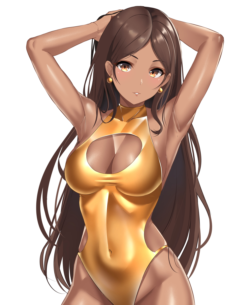 1girl absurdres armpits arms_behind_head arms_up breasts brown_eyes brown_hair challengia cleavage cleavage_cutout clothing_cutout commentary covered_navel dark-skinned_female dark_skin earrings english_commentary gold_earrings gold_one-piece_swimsuit highres hostess jaschan jewelry large_breasts long_hair looking_at_viewer nchans nchans_style ngo2.9_(biggeneral) official_art one-piece_swimsuit open_mouth revealing_clothes simple_background skindentation solo standing swimsuit white_background yellow_one-piece_swimsuit