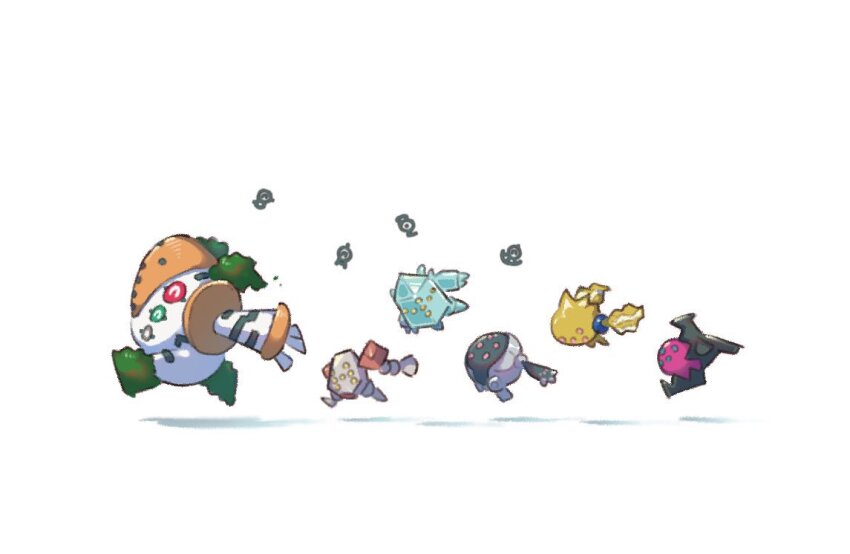 ^_^ animal_focus bagutyu closed_eyes colored_skin game_freak gen_2_pokemon gen_3_pokemon gen_4_pokemon gen_8_pokemon golem grass ice jumping legendary_pokemon lineup nintendo no_humans pokemon pokemon_(creature) regice regidrago regieleki regigigas regirock registeel rock running shadow sharp_teeth simple_background teeth unown unown_a unown_b unown_g unown_w white_background white_skin yellow_skin