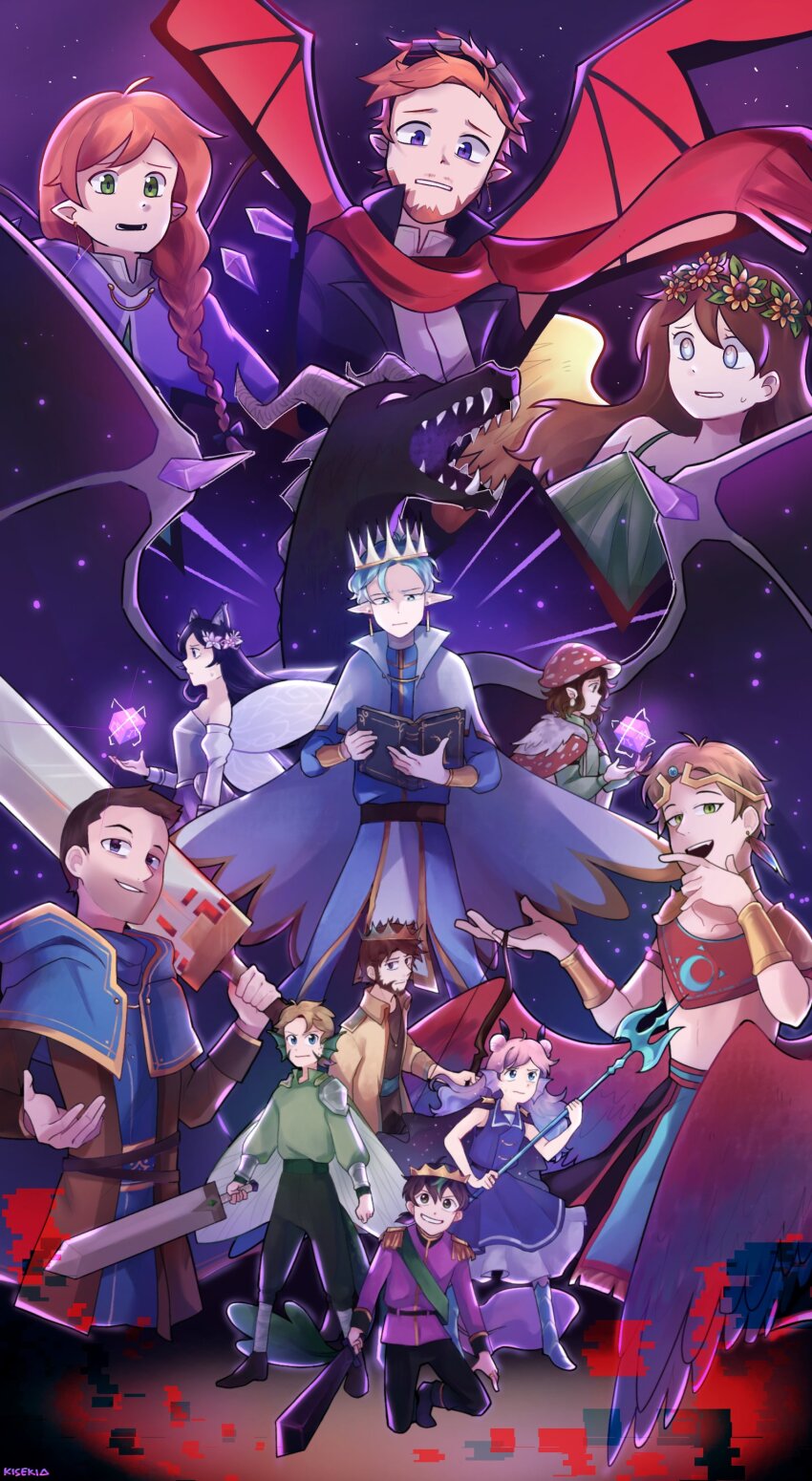 5girls 6+boys absurdres adapted_costume animal_ears blue_hair book cat_ears cat_girl dragon empires_smp end_crystal ender_dragon everyone fairy fairy_wings fins fish_boy fish_girl flower fwhip fwhip_(count) geminitay geminitay_(wizard) head_fins head_wreath highres holding holding_book holding_sword holding_polearm holding_weapon joey_graceffa joey_graceffa_(jungle_emperor) katherine_elizabeth katherine_elizabeth_(house_blossom) kisekiii_25 ldshadowlady ldshadowlady_(ocean_queen) minecraft minecraft_sword minecraft_youtube multiple_boys multiple_girls mushroom_hat mythicalsausage mythicalsausage_(lord) pearlescentmoon pearlescentmoon_(farmer) pixlriffs pixlriffs_(copper_king) pointy_ears polearm poster_(medium) shrub_berry shubble smajor1995 smajor1995_(rivendell) smallishbeans smallishbeans_(mezalea) solidaritygaming solidaritygaming_(codfather) sunflower sword trident weapon wings
