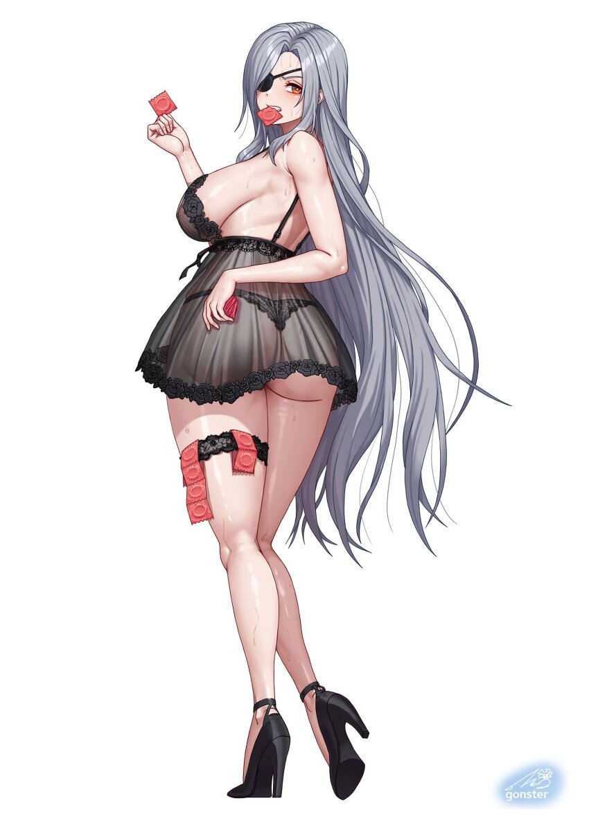 1girl artist_name ass babydoll black_panties black_shoes breasts brown_eyes condom condom_in_mouth condom_packet_strip condom_wrapper gonster grey_hair high_heels highres holding holding_condom large_breasts last_origin lemonade_gamma long_hair looking_back mouth_hold nipples panties see-through_clothes shoes solo sweat thigh_strap underwear