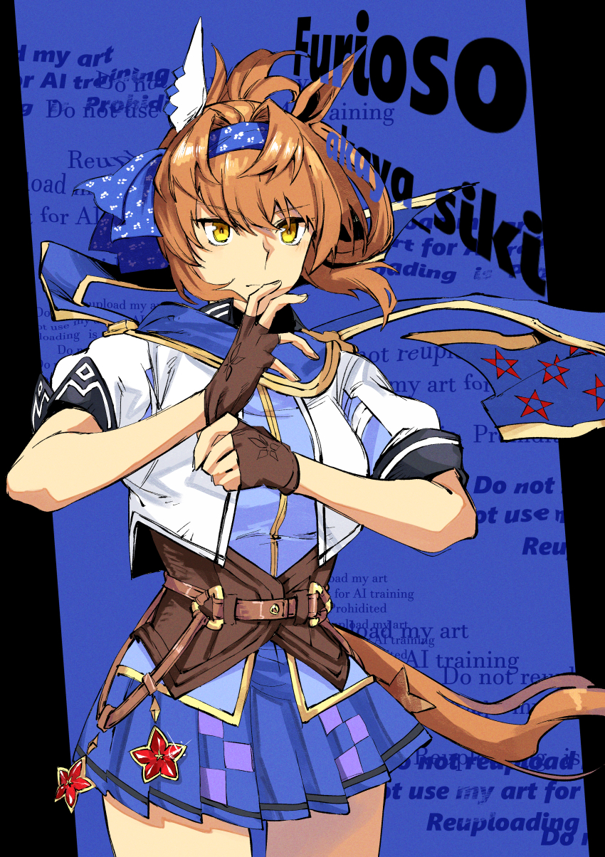 1girl absurdres akaya_shiki animal_ear_piercing animal_ears aqua_shirt artist_name blue_background blue_hairband blue_scarf blue_skirt breasts brown_corset brown_gloves brown_tail character_name checkered_clothes checkered_skirt collared_jacket commentary corset cowboy_shot cropped_jacket curled_fingers doushi_tatsu_to_dekkai_no ear_covers floating_scarf fold-over_gloves furioso_(umamusume) gloves gold_trim hair_intakes hair_rings hairband hands_up highres horse_ears horse_girl horse_tail jacket leather leather_gloves light_blush looking_at_viewer medium_breasts medium_hair miniskirt open_mouth orange_hair pillarboxed pink_background pleated_skirt print_scarf scarf shirt short_sleeves sidelocks simple_background single_ear_cover single_hair_ring skindentation skirt solo standing star_(symbol) star_ornament star_print tail thighhighs umamusume watermark white_jacket yellow_eyes zettai_ryouiki