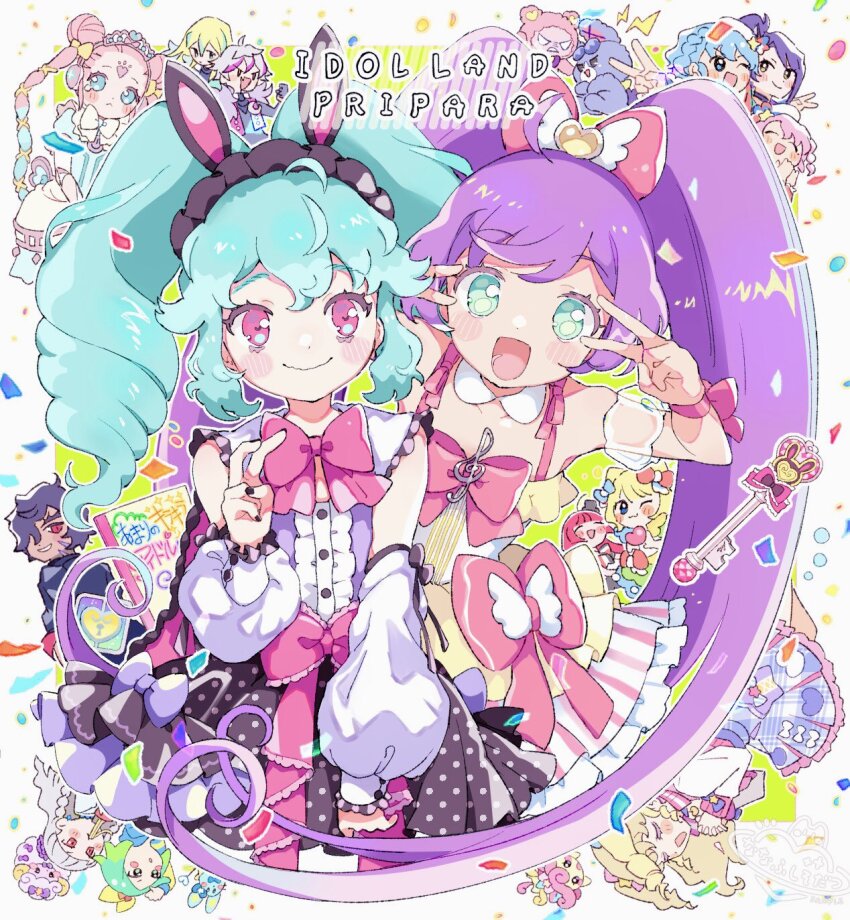 3boys 6+girls :d ahoge animal_ears bent_v black_hairband black_nails blonde_hair blue_eyes blue_hair blunt_bangs bow center_frills chuppe closed_mouth commentary_request confetti copyright_name cowboy_shot cropped_legs detached_collar detached_sleeves dorothy_west double_v dress drill_hair everyone fake_animal_ears frills green_eyes green_hair grey_hair hair_between_eyes hair_bow hairband highres hojo_sophy idol_clothes idol_land_pripara katasumi_amari koda_michiru kuma_(pripara) long_hair long_sleeves looking_at_viewer manaka_laala mario_(pripara) minami_mirei multicolored_dress multiple_boys multiple_girls nail_polish nanafushi_sodatsu nervous_smile nijiiro_nino one_eye_closed ooedo_shinya open_mouth pink_bow pink_eyes pink_hair pitsuji pleated_skirt pororo_(pripara) pretty_series pripara puffy_detached_sleeves puffy_sleeves punicorn purple_hair purple_skirt rabbit_ears reona_west short_hair skirt smile standing toudou_shion treble_clef twin_drills twintails usagi_(pripara) ushimitsu_(pripara) v v_over_eye very_long_hair yumekawa_yui