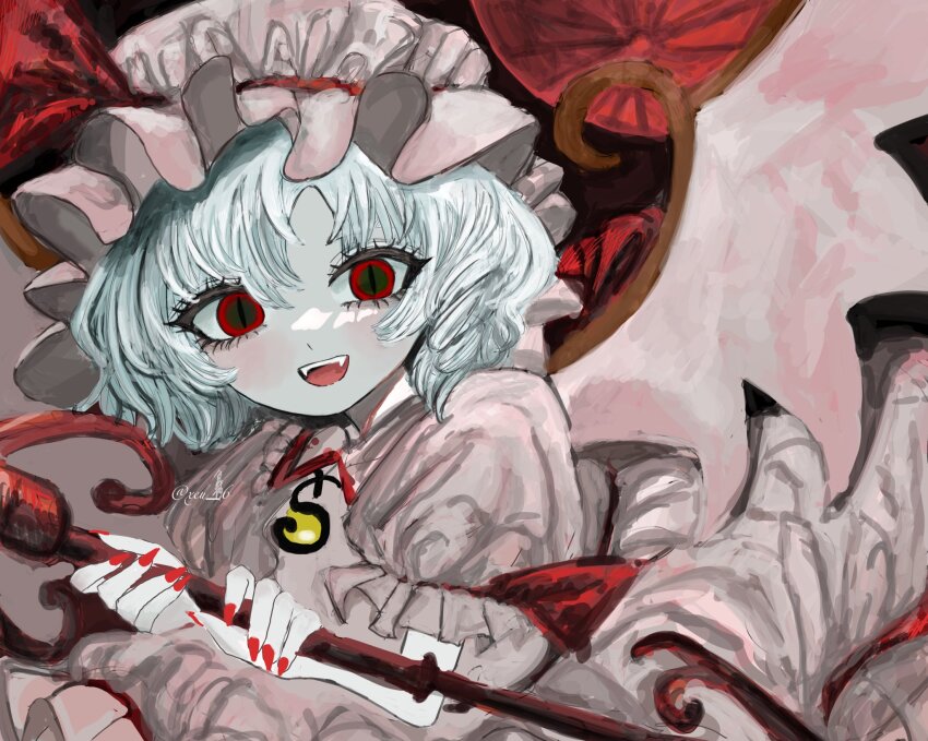 1girl artist_name bat_wings black_sky blue_hair collared_dress dress fangs fingernails frills hair_between_eyes hat hat_ribbon highres holding holding_polearm holding_weapon long_fingernails looking_at_viewer mob_cap moon nail_polish night night_sky open_mouth outdoors pink_dress pink_hat polearm puffy_short_sleeves puffy_sleeves red_eyes red_moon red_nails red_ribbon remilia_scarlet ribbon short_hair short_sleeves sky smile solo spear_the_gungnir teeth touhou weapon wings xeu_6