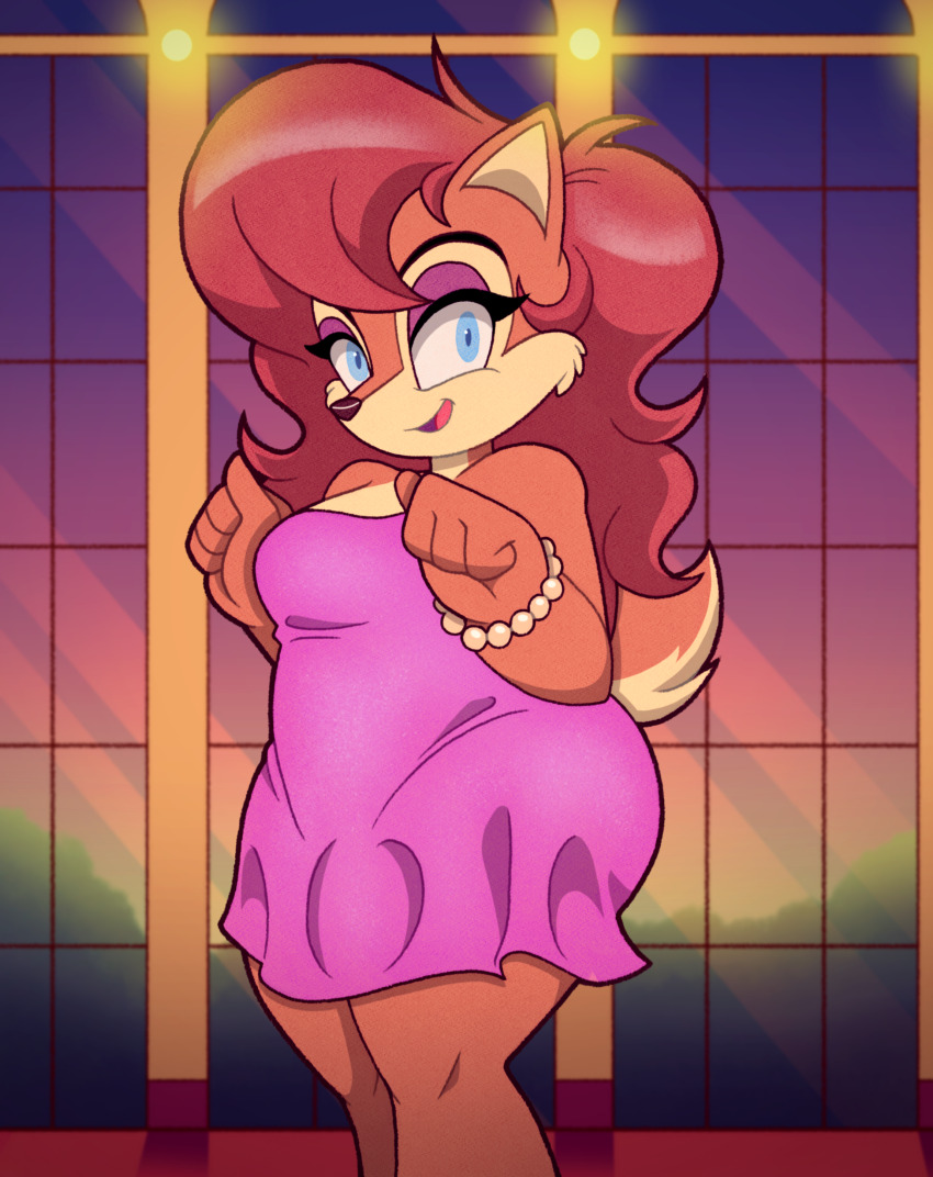 1girl absurdres blue_eyes dress highres looking_at_viewer red_eyes sally_acorn short_hair smile sonic_(series) sonic_the_hedgehog_(archie_comics) tonyneely