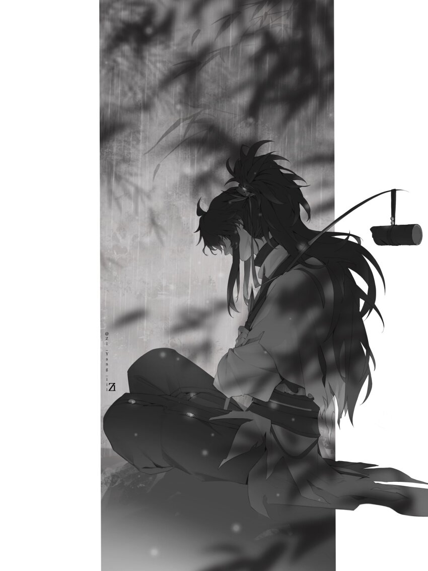 1boy artist_name cheng_(zi74438982) cloak commentary crossed_arms fishing_rod from_side greyscale hair_ribbon highres long_hair male_focus monochrome outside_border pants pillarboxed ponytail qiuyuan_(wuthering_waves) rain ribbon sidelocks sitting solo symbol-only_commentary wuthering_waves