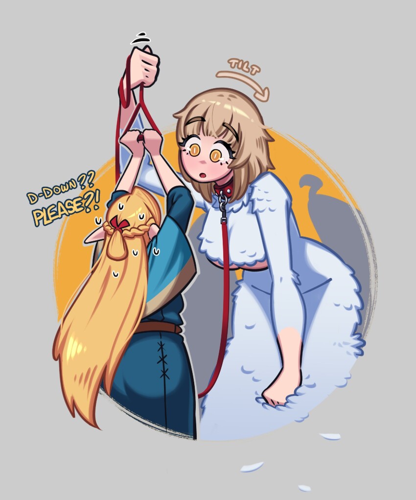 2girls :o animal_collar arched_bangs arrow_(symbol) belt bent_over blonde_hair blue_capelet blue_robe blush border braided_sidelocks breasts capelet cleavage cleavage_cutout clothing_cutout collar dress dungeon_meshi english_text falin_touden falling_feathers feather_dress feathers flying_sweatdrops from_behind grey_background hand_on_own_thigh head_tilt height_difference highres holding holding_leash holding_own_leash large_breasts leash loen long_hair long_sleeves marcille_donato medium_hair motion_lines multiple_girls open_mouth pet_play pointy_ears raised_eyebrows red_belt red_collar red_ribbon ribbon robe round_border shadow short_sleeves sidelocks_tied_back simple_background slit_pupils upper_body white_dress yellow_background yellow_eyes