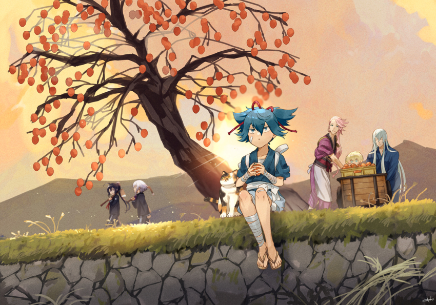 6+boys aqua_eyes black_hair blonde_hair blue_eyes blue_hair box cat cloud food fruit grass high_ponytail hoe honebami_toushirou honebami_toushirou_(kiwame) houhou_(black_lack) jacket japanese_clothes kousetsu_samonji long_hair male_focus multiple_boys namazuo_toushirou namazuo_toushirou_(kiwame) persimmon pink_hair ponytail sandals sayo_samonji sky slice_of_life souza_samonji sunset taikou_samonji_(touken_ranbu) touken_ranbu track_jacket tree wheelbarrow white_hair