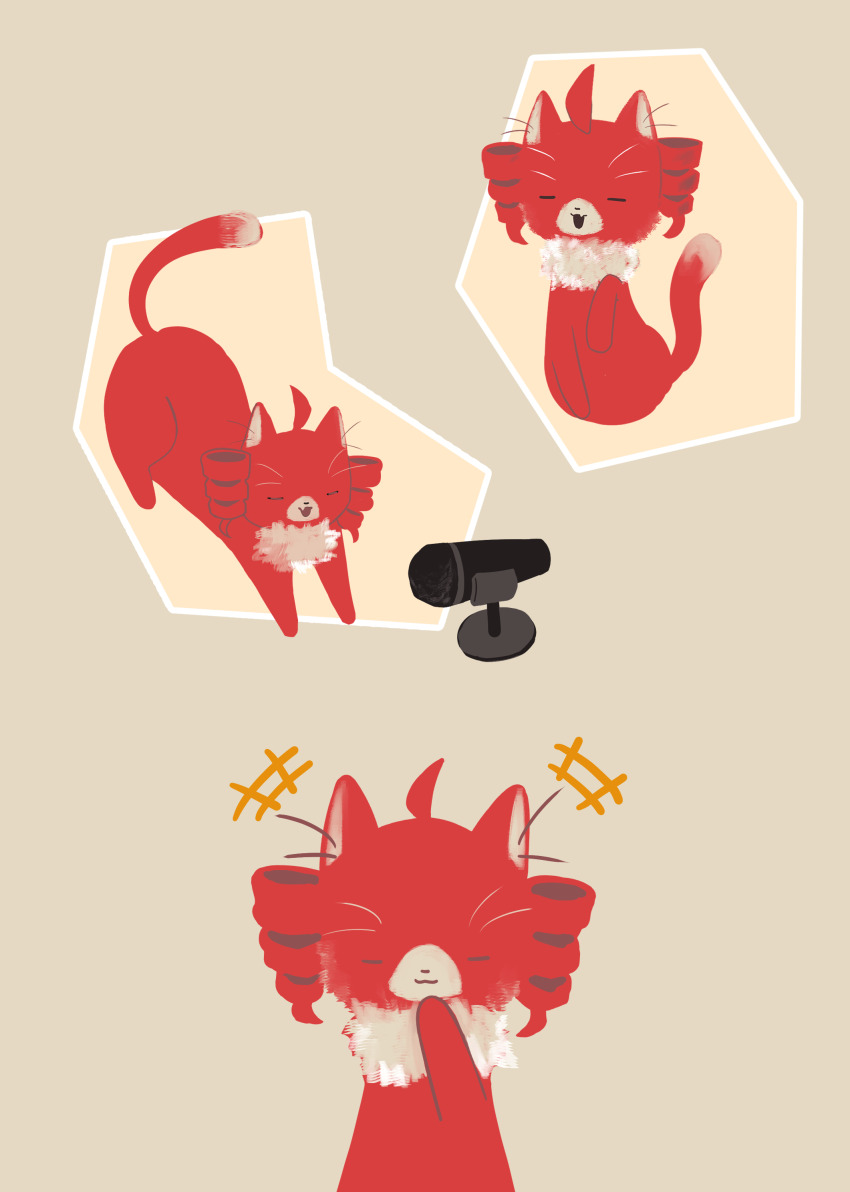 +++ 1girl absurdres ahoge animal_focus animalization cat closed_eyes closed_mouth drill_hair facing_viewer hand_up highres kasane_teto microphone multiple_views music no_humans open_mouth red_cat senri_(hrydy_o) singing sitting standing tail_raised twin_drills utau