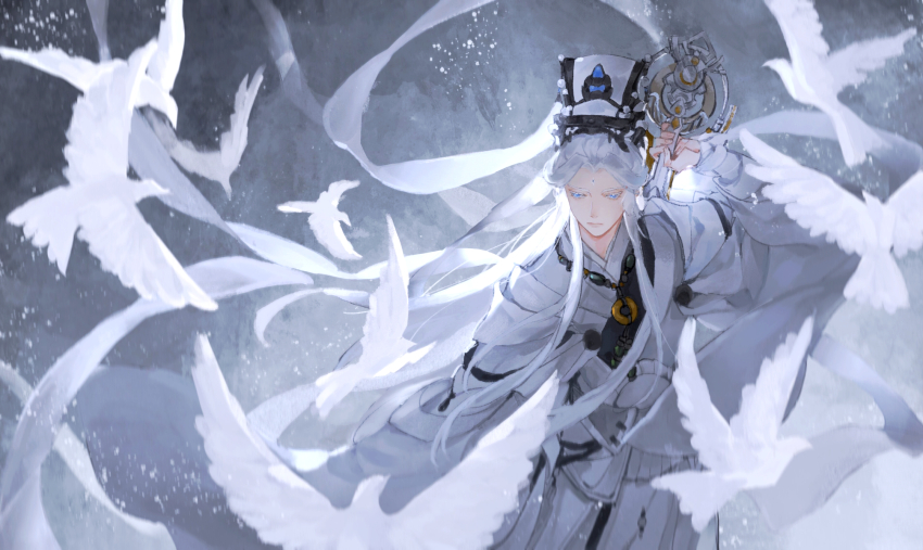 1boy animal bird bishounen blue_eyes blurry chinese_clothes chinese_commentary closed_mouth colored_eyelashes cowboy_shot dove floating_hair flock grey_background hanfu hat highres holding holding_weapon jewelry jinguang_budaixi liuhe_shanshi long_hair long_sleeves looking_at_viewer male_focus robe smile solo standing tassel very_long_hair weapon white_bird white_eyelashes white_hair white_hanfu white_robe white_theme wide_sleeves wind zhao_yi