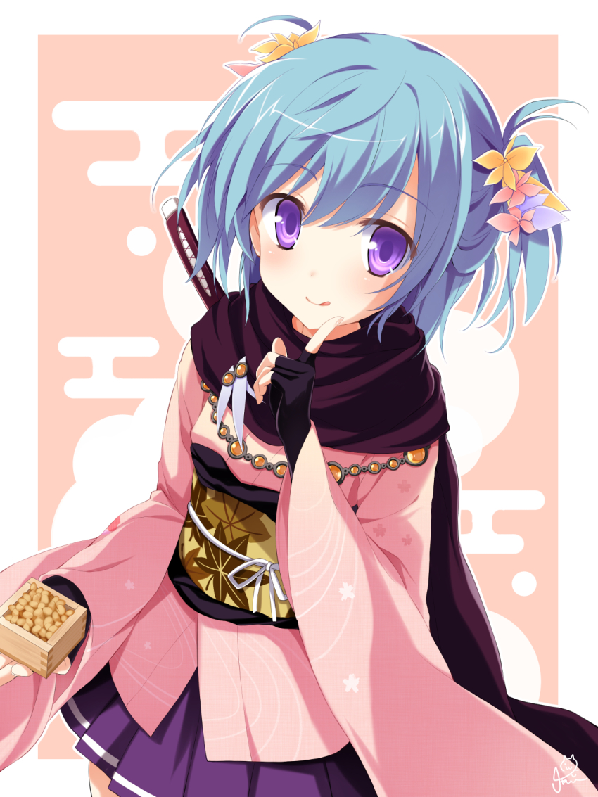 1girl :q beans black_gloves black_scarf blue_hair blush border box chaamii closed_mouth commentary fingerless_gloves floral_print floral_print_kimono flower gloves hand_up highres holding holding_box index_finger_raised japanese_clothes kimono long_scarf long_sleeves looking_at_viewer medium_hair miniskirt nengajou new_year oni_gokko! outside_border pink_background pink_flower pink_kimono pleated_skirt print_kimono purple_eyes purple_skirt scarf signature simple_background skirt smile solo swept_bangs tareme tongue tongue_out two_side_up urabe_aoi white_border wide_sleeves yellow_flower