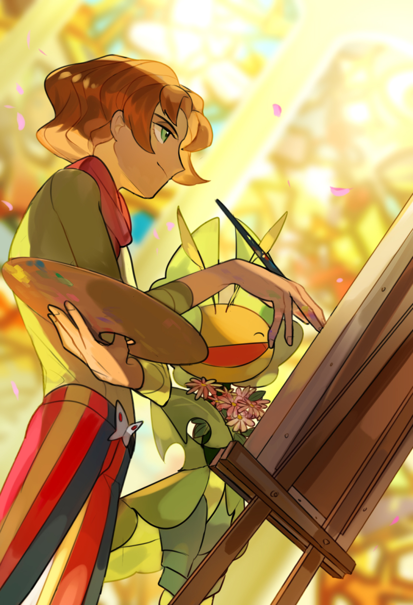 1boy blurry blurry_background brown_hair burgh_(pokemon) closed_mouth commentary_request creatures_(company) easel fingernails game_freak gen_5_pokemon green_eyes green_shirt gym_leader highres holding holding_paintbrush leavanny male_focus natsuko_(summer_525528) nintendo paintbrush painting_(action) pants petals pokemon pokemon_(creature) pokemon_bw shirt striped_clothes striped_pants vertical-striped_clothes vertical-striped_pants
