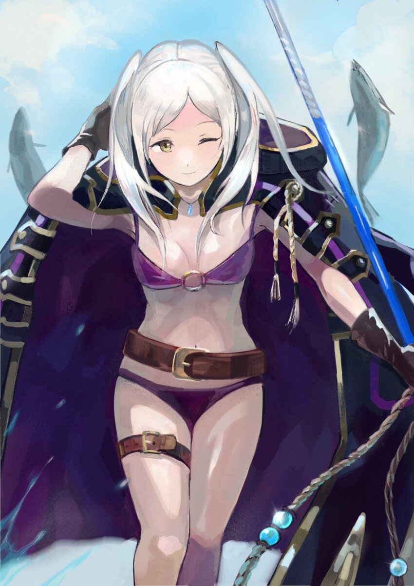 1girl ;) bikini breasts brown_eyes brown_gloves cleavage closed_mouth female_robin_(fire_emblem) fire_emblem fire_emblem_awakening fire_emblem_heroes fish gimkamres04 gloves highres holding jewelry long_hair looking_at_viewer medium_breasts navel necklace nintendo o-ring o-ring_bikini official_alternate_costume one_eye_closed purple_bikini female_robin_(seaside_tactician)_(fire_emblem) smile solo standing swimsuit thigh_strap twintails white_hair
