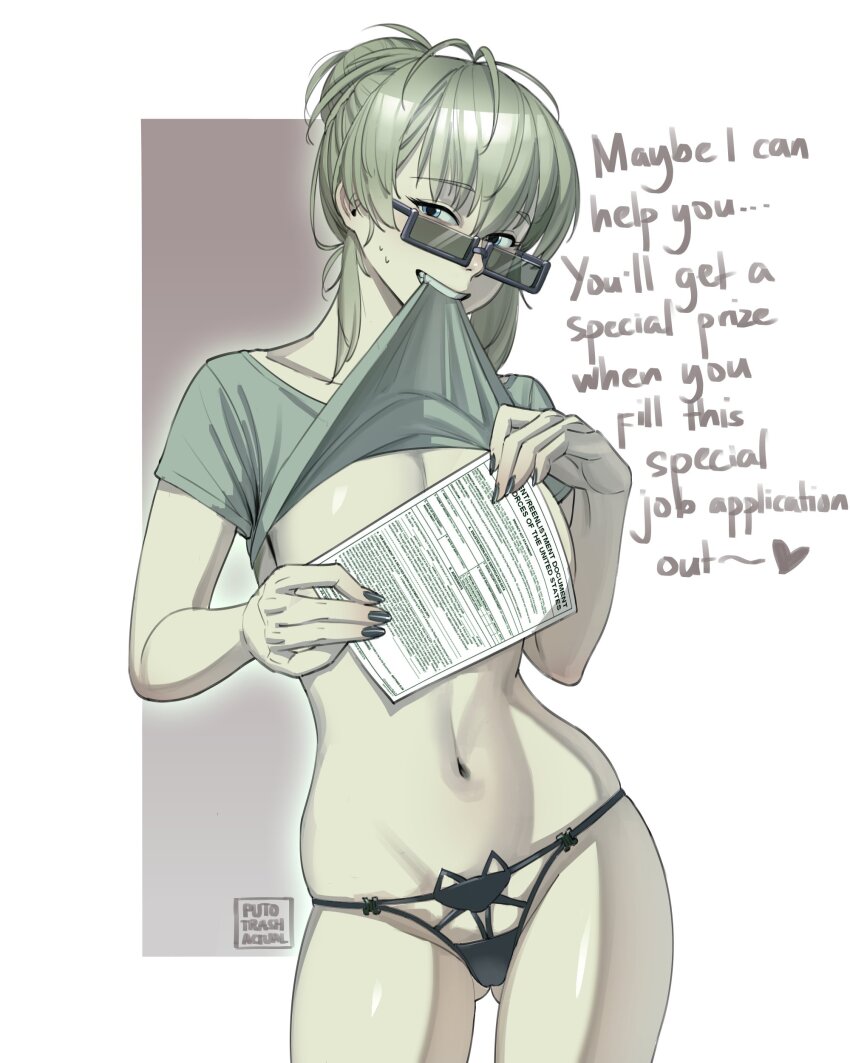 1girl absurdres artist_name black_nails black_panties blonde_hair blue_eyes brown_background clenched_teeth clothes_lift collarbone commentary contrapposto english_commentary english_text glowing green_shirt heart highres holding holding_paper lifting_own_clothes looking_at_viewer medium_hair navel original panties paper puto_trash rectangular_eyewear shirt shirt_lift simple_background smile solo stomach sweatdrop teeth two-tone_background underwear white_background